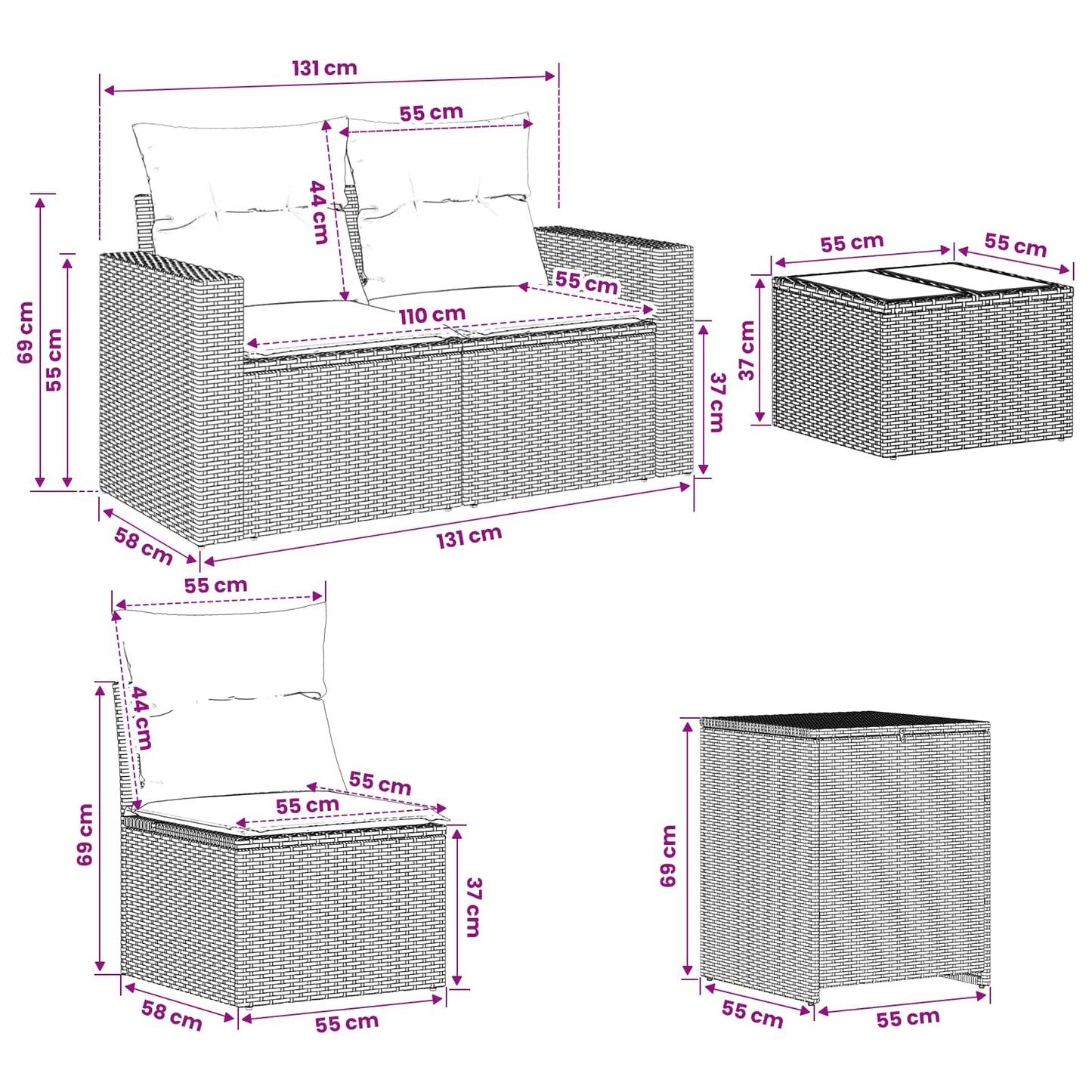 Sofa Set 6 stk. Beige und Cremeweiß Polyrattan und Stahl