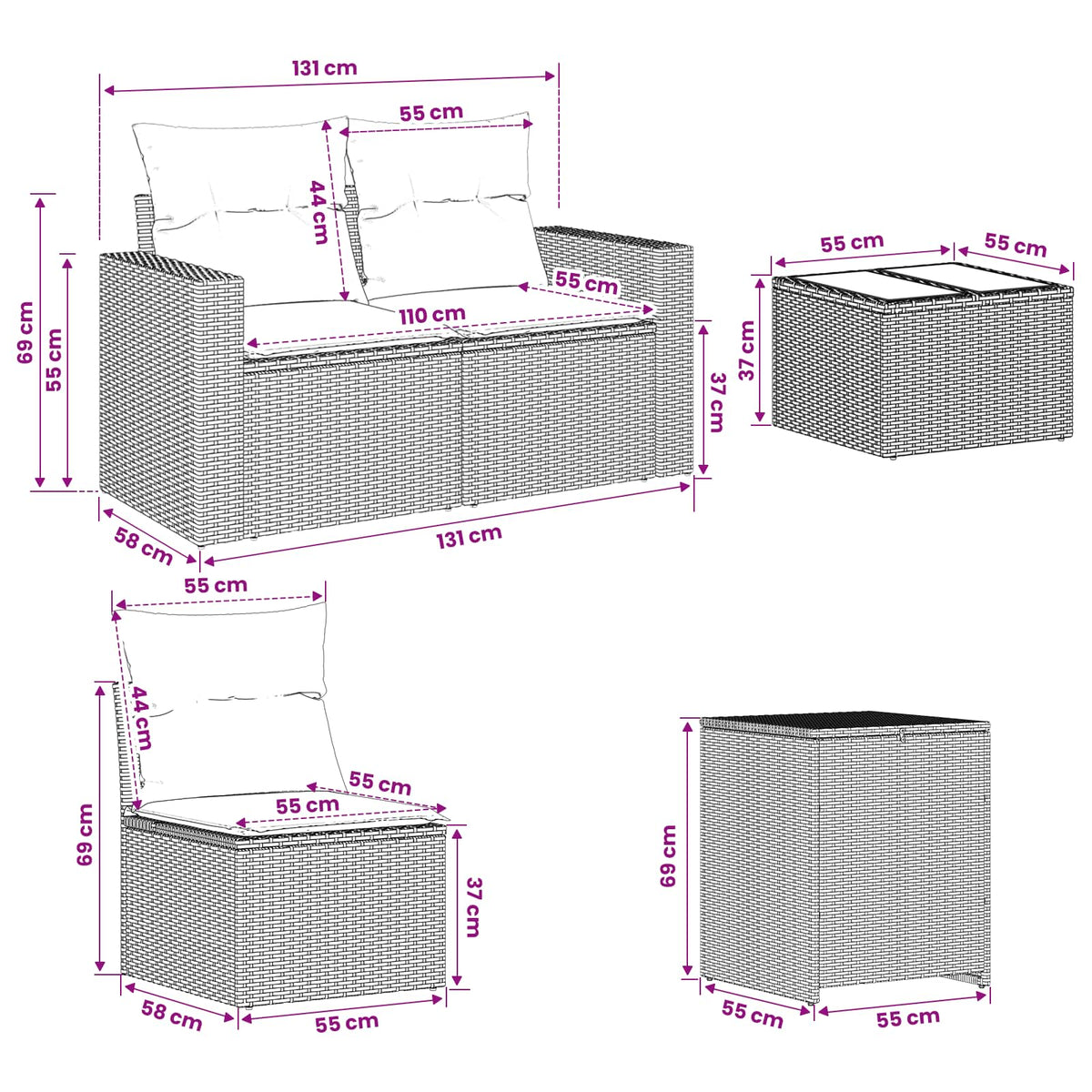 Sofa Set 6 stk. Beige und Hellgrau Polyrattan und Stahl