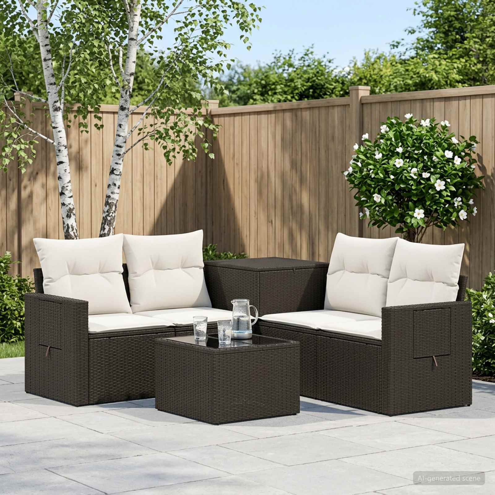 Sofa Set 6 stk. Schwarz und Cremeweiß Polyrattan und Stahl