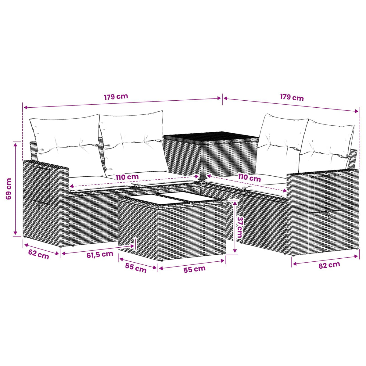Sofa Set 6 stk. Schwarz 55 x 55 x 37 cm Polyrattan und Stahl