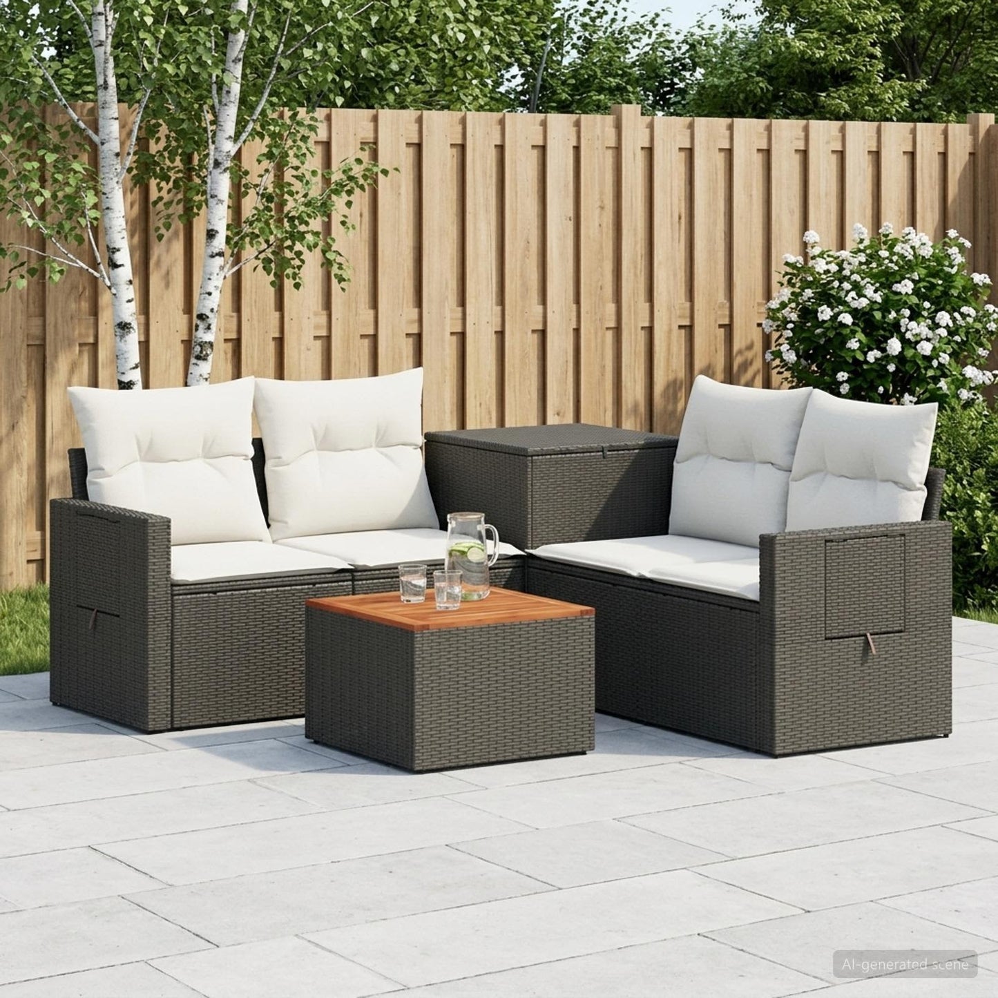 Sofa Set 6 stk. Schwarz und Cremeweiß Polyrattan und Stahl