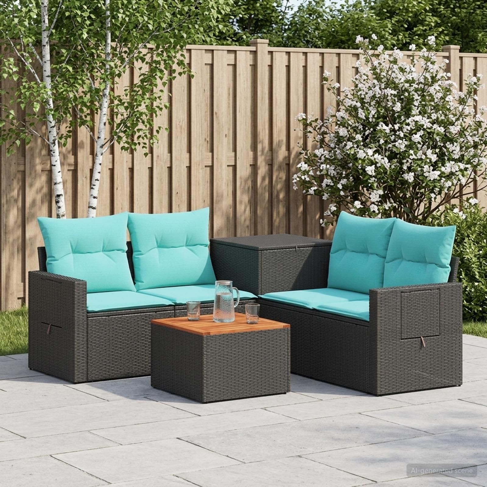 Sofa Set 6 stk. Schwarz und Blau Polyrattan und Stahl