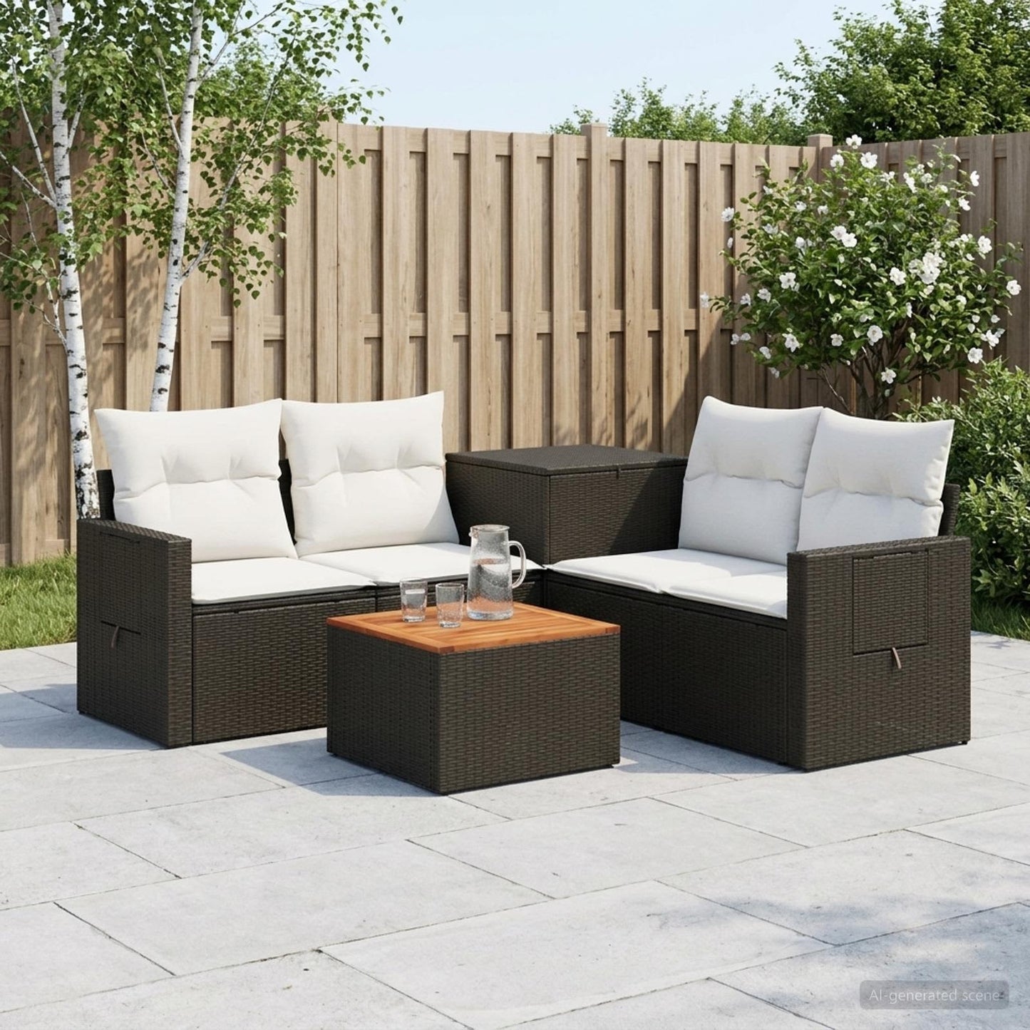 Sofa Set 6 stk. Schwarz und Cremeweiß Polyrattan und Stahl