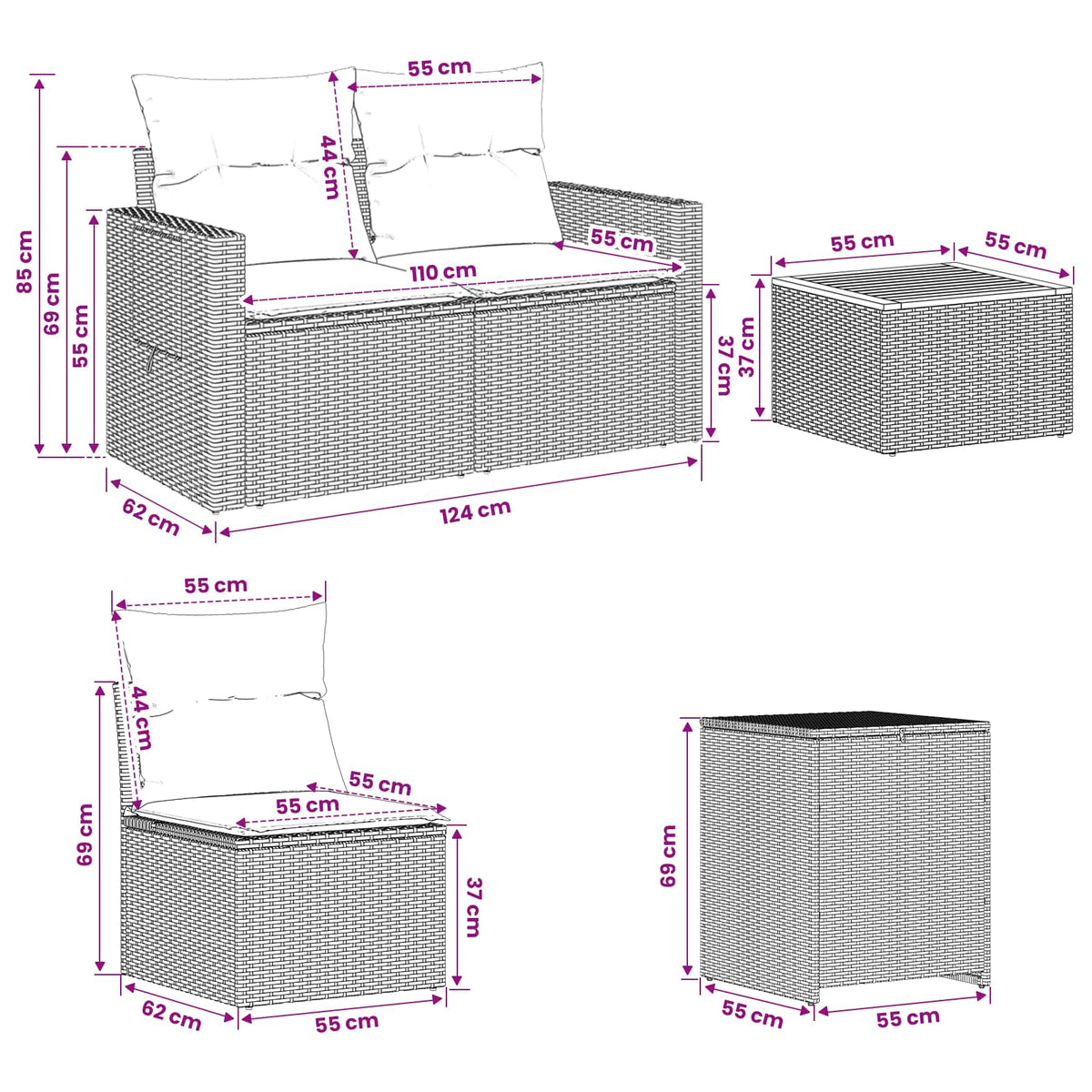 Sofa Set 6 stk. Schwarz und Cremeweiß 55 x 55 x 37 cm