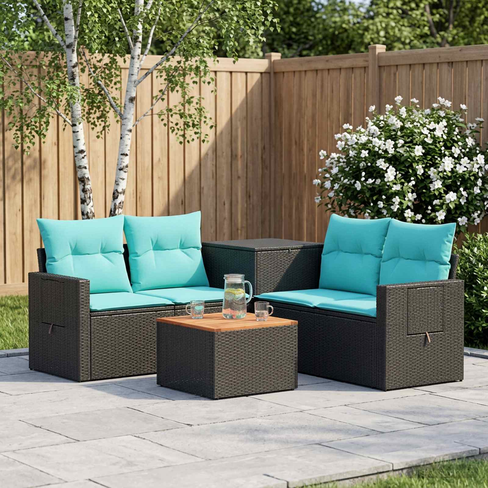 Sofa Set 6 stk. Schwarz und Blau Polyrattan und Stahl