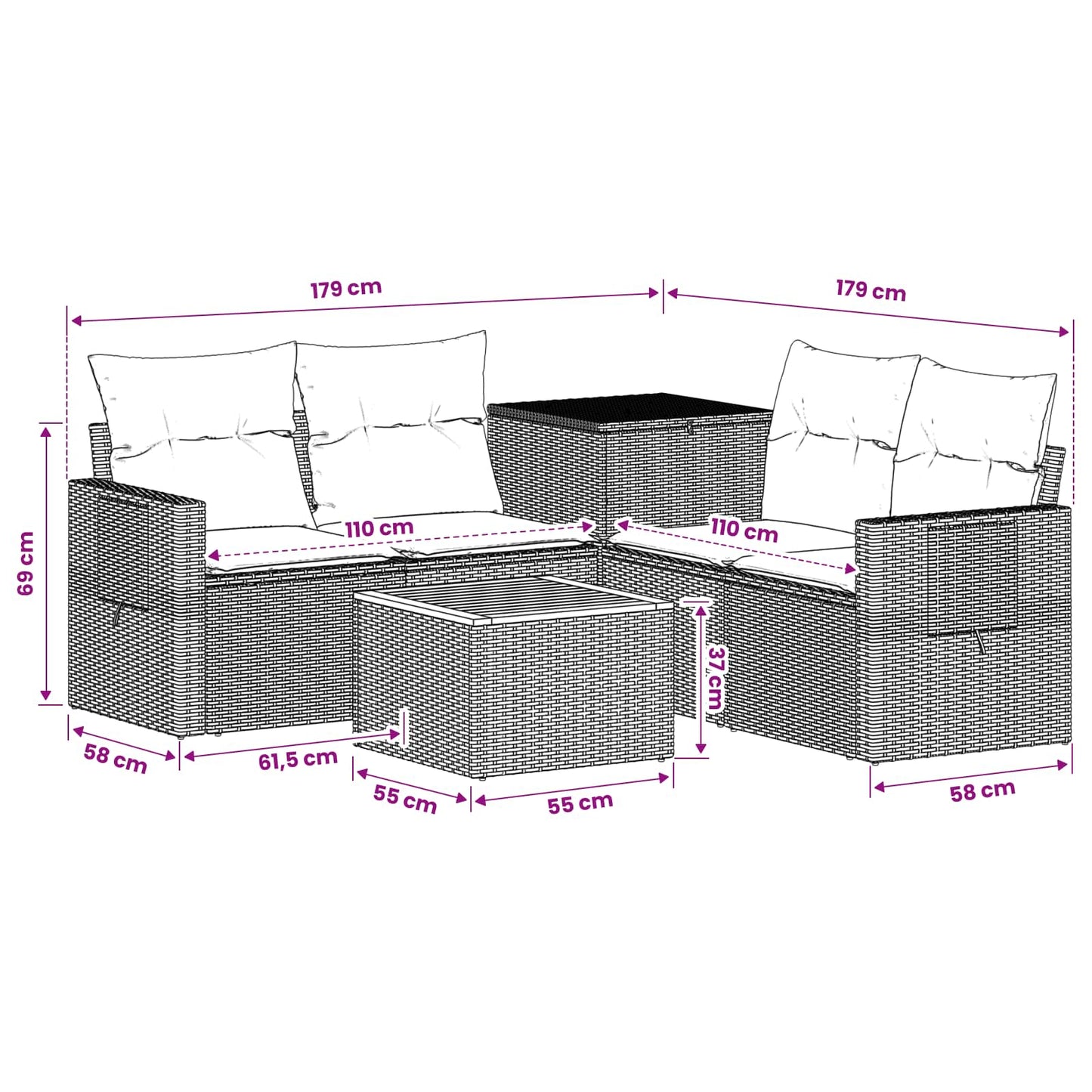 Sofa Set 6 stk. Schwarz und Blau Polyrattan und Stahl