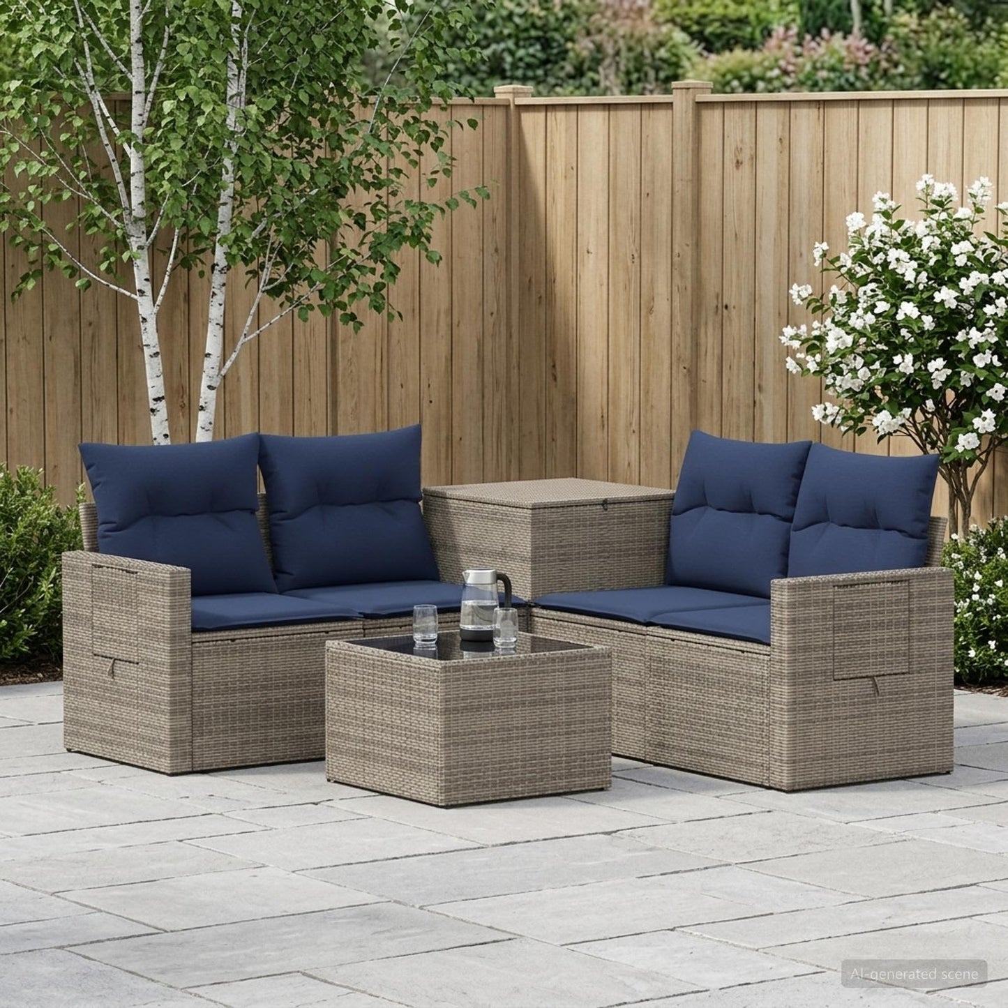 Sofa Set 6 stk. Grau und Marineblau Polyrattan und Stahl