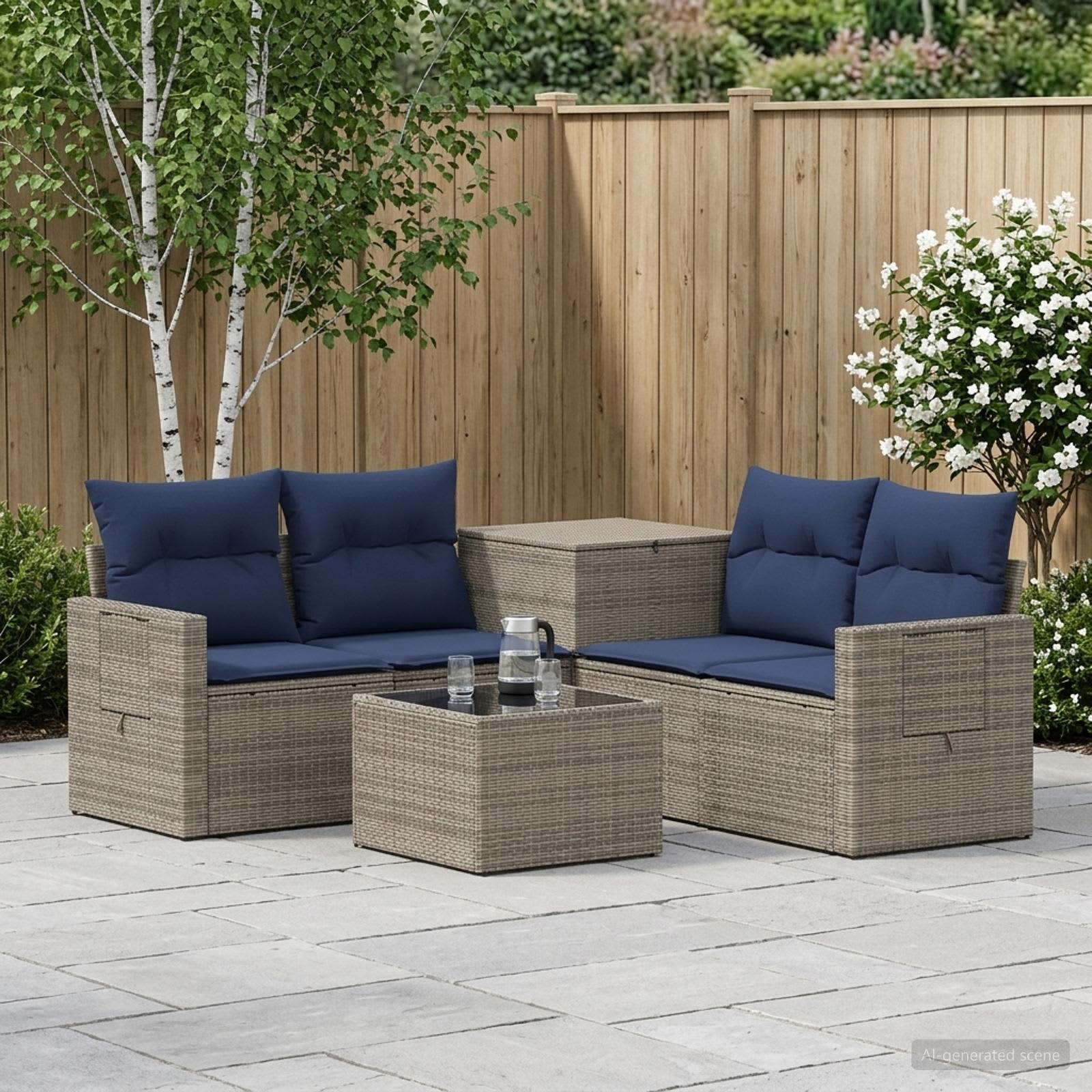 Sofa Set 6 stk. Grau und Marineblau Polyrattan und Stahl