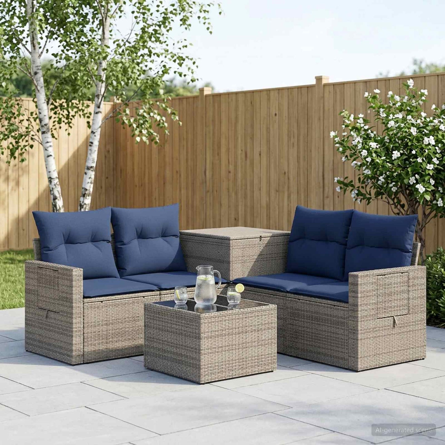 Sofa Set 6 stk. Grau und Marineblau Polyrattan und Stahl
