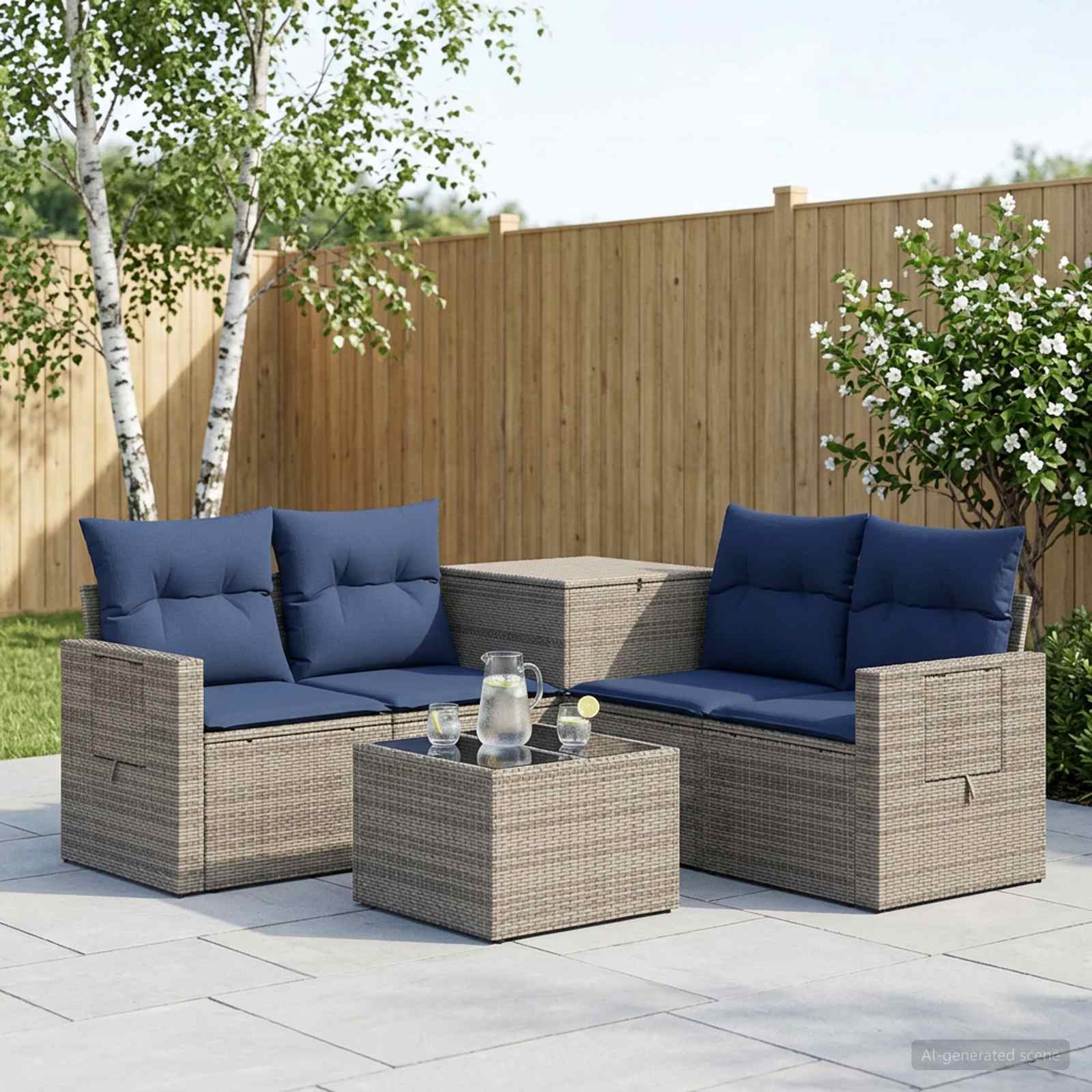 Sofa Set 6 stk. Grau und Marineblau Polyrattan und Stahl