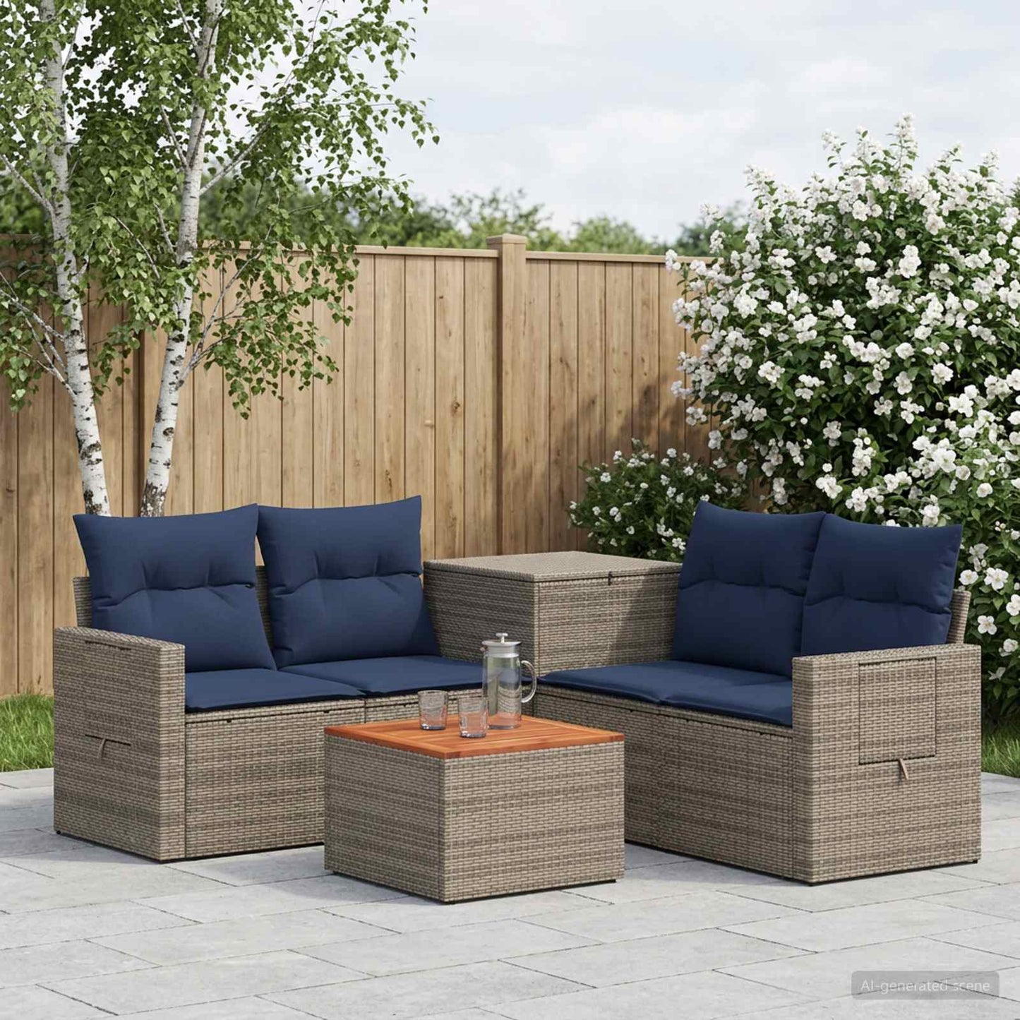 Sofa Set 6 stk. Grau und Marineblau Polyrattan und Stahl