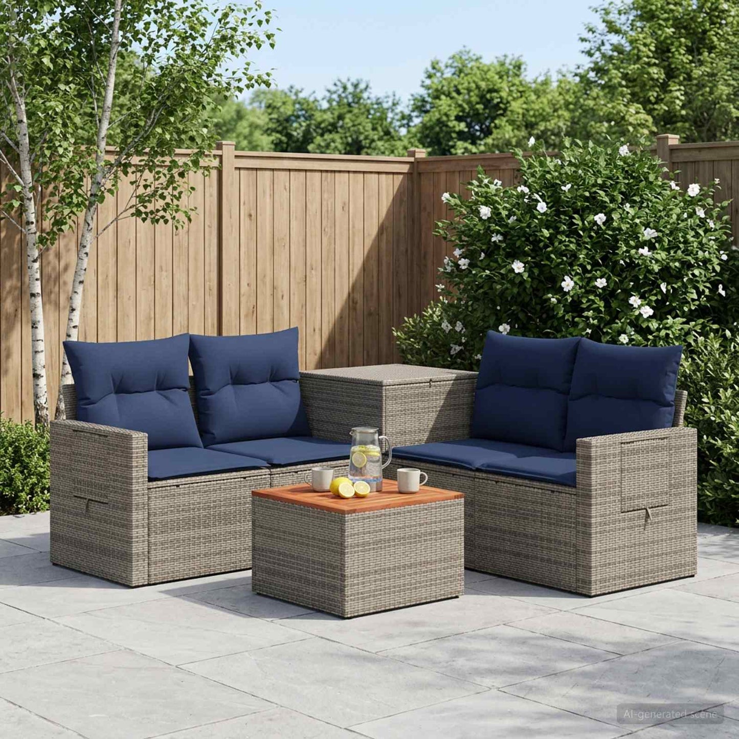 Sofa Set 6 stk. Grau und Marineblau Polyrattan und Stahl