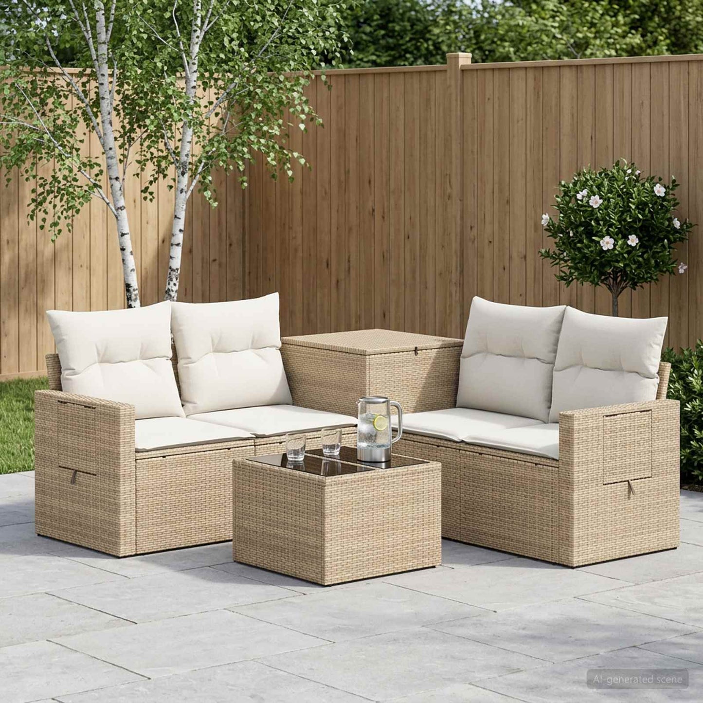 Sofa Set 6 stk. Beige und Cremeweiß Polyrattan und Stahl