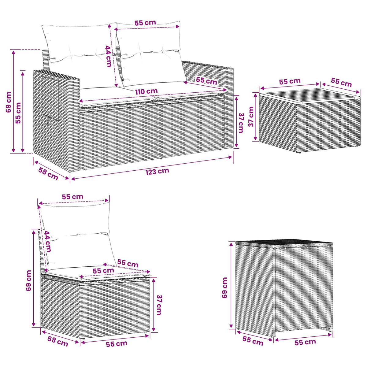 Sofa Set 6 stk. Beige und Cremeweiß Polyrattan und Stahl
