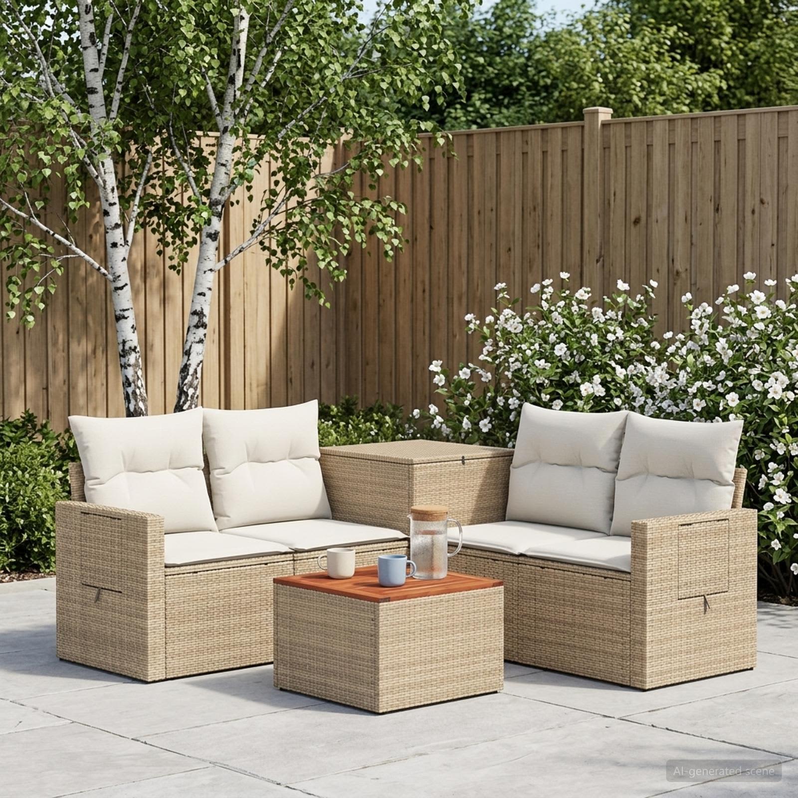 Sofa Set 6 stk. Beige und Cremeweiß Polyrattan und Stahl