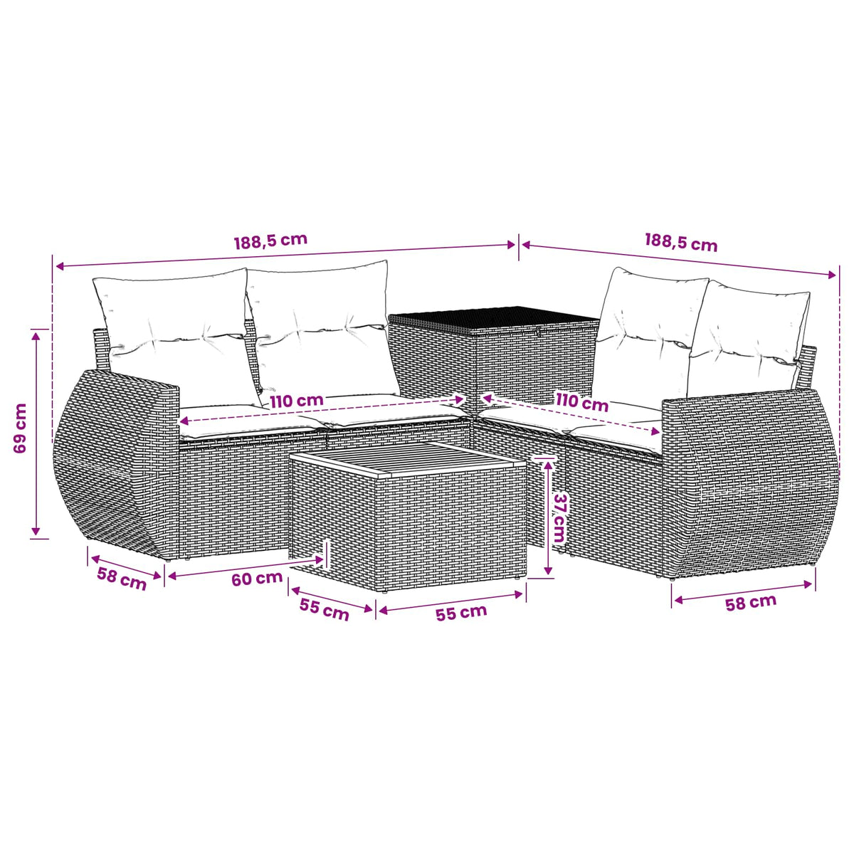 Sofa Set 6 stk. Schwarz Polyrattan und Stahl