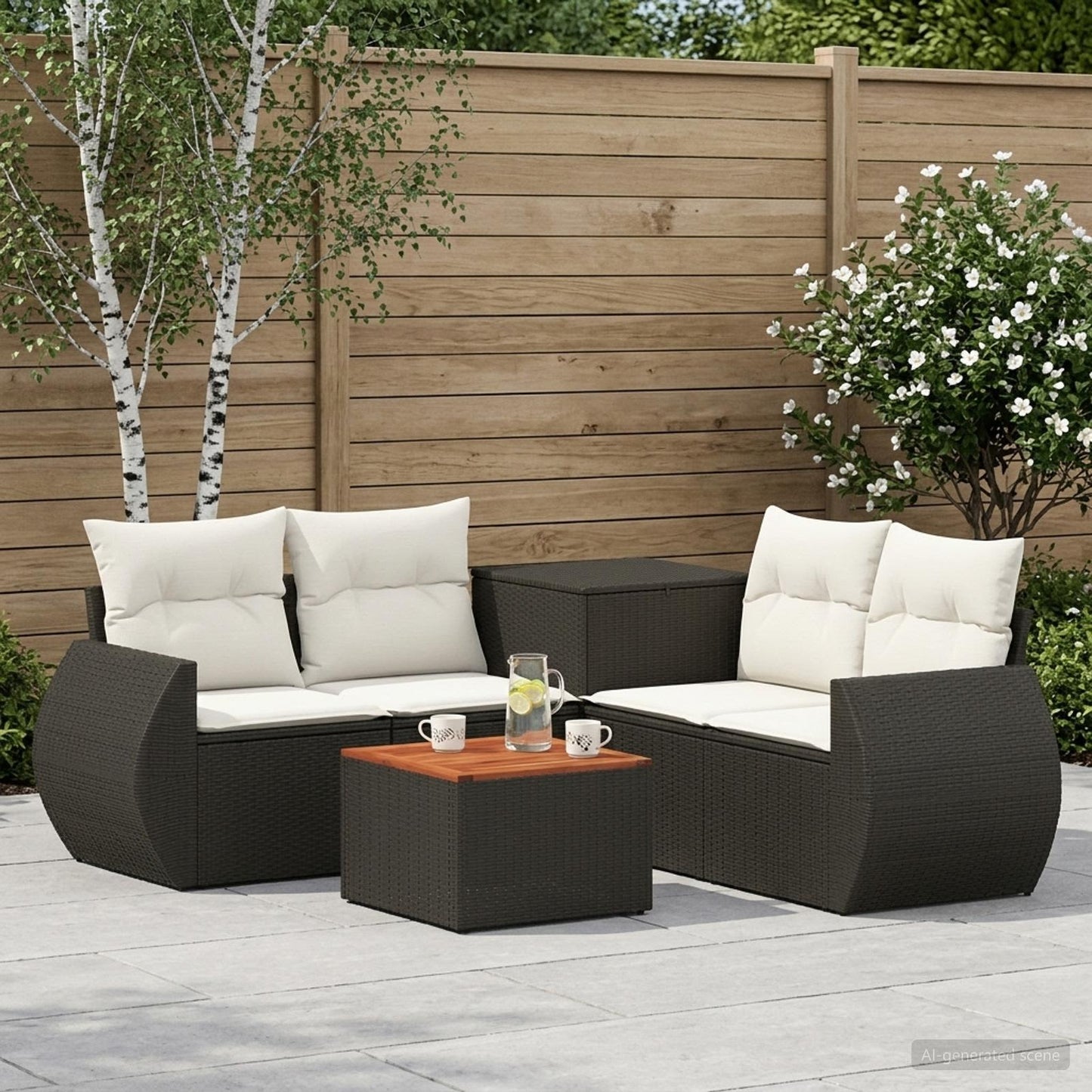 Sofa Set 6 stk. Schwarz und Cremeweiß Polyrattan und Stahl