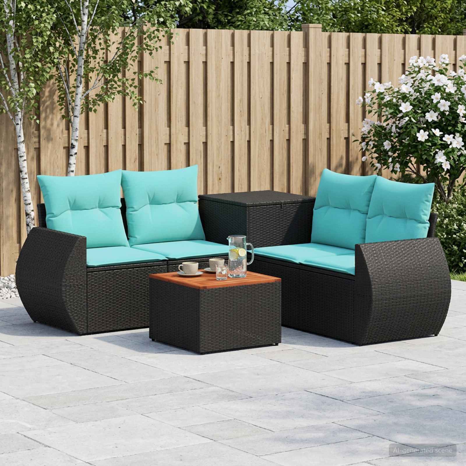 Sofa Set 6 stk. Schwarz und Blau Polyrattan und Stahl