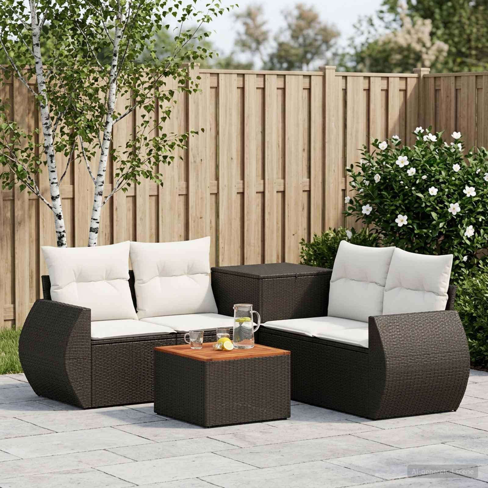 Sofa Set 6 stk. Schwarz und Cremeweiß Polyrattan und Stahl