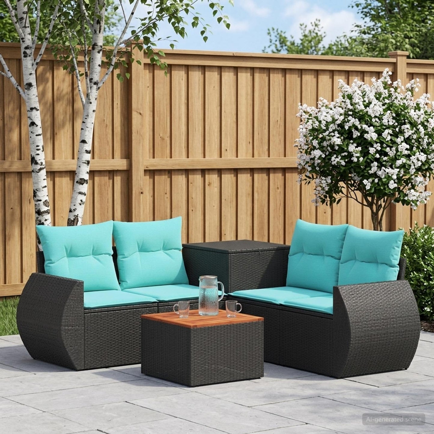 Sofa Set 6 stk. Schwarz und Blau Polyrattan und Stahl