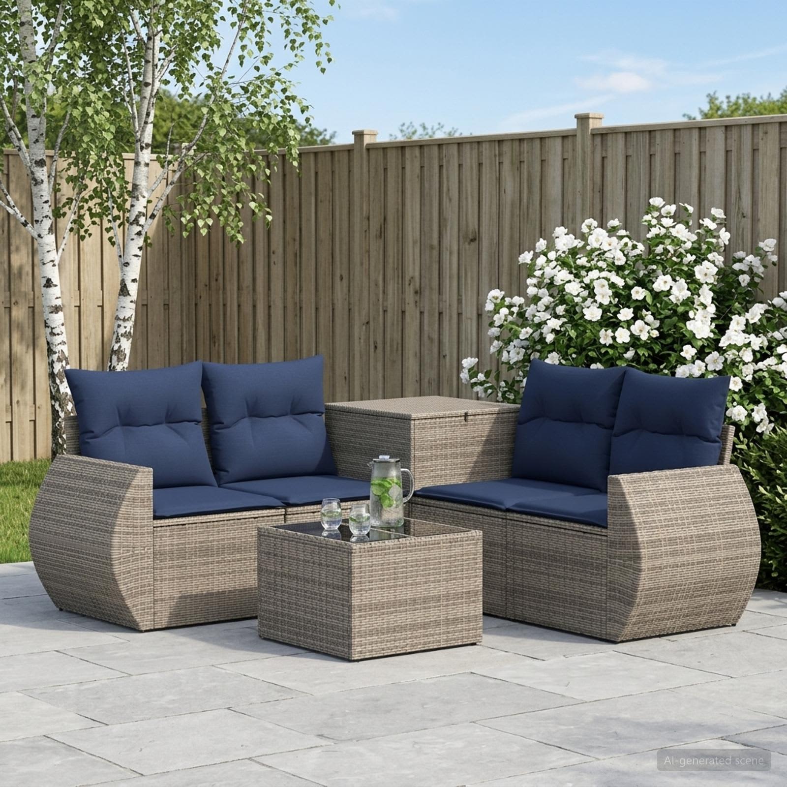 Sofa Set 6 stk. Grau und Marineblau Polyrattan und Stahl