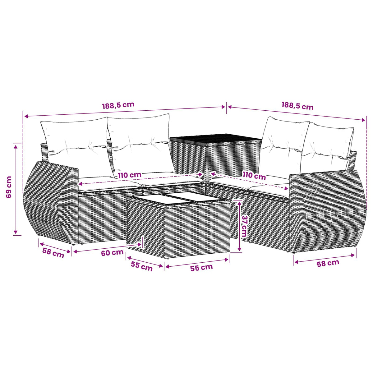 Sofa Set 6 stk. Grau und Marineblau 55 x 55 x 37 cm