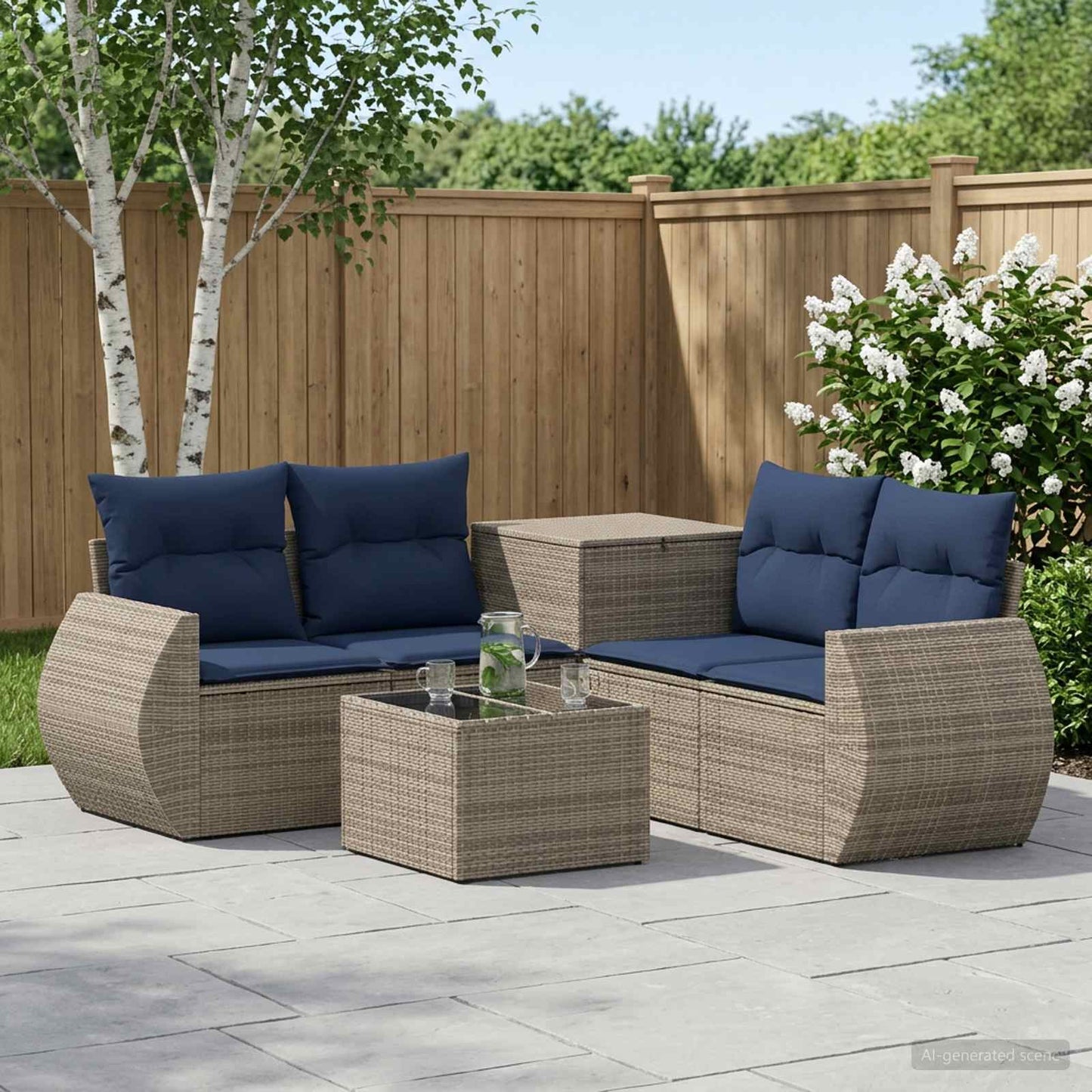Sofa Set 6 stk. Grau und Marineblau Polyrattan und Stahl