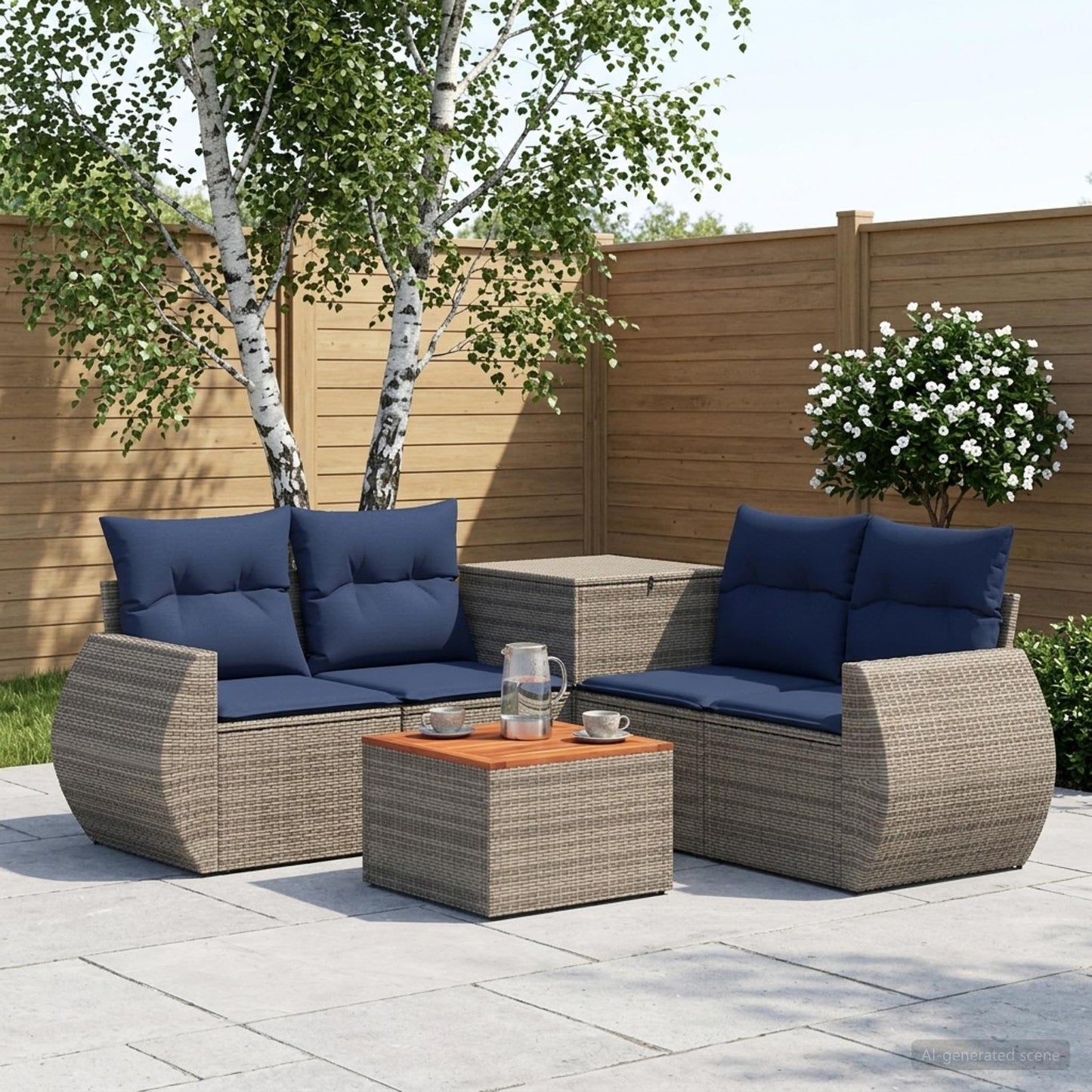 Sofa Set 6 stk. Grau und Marineblau Polyrattan und Stahl
