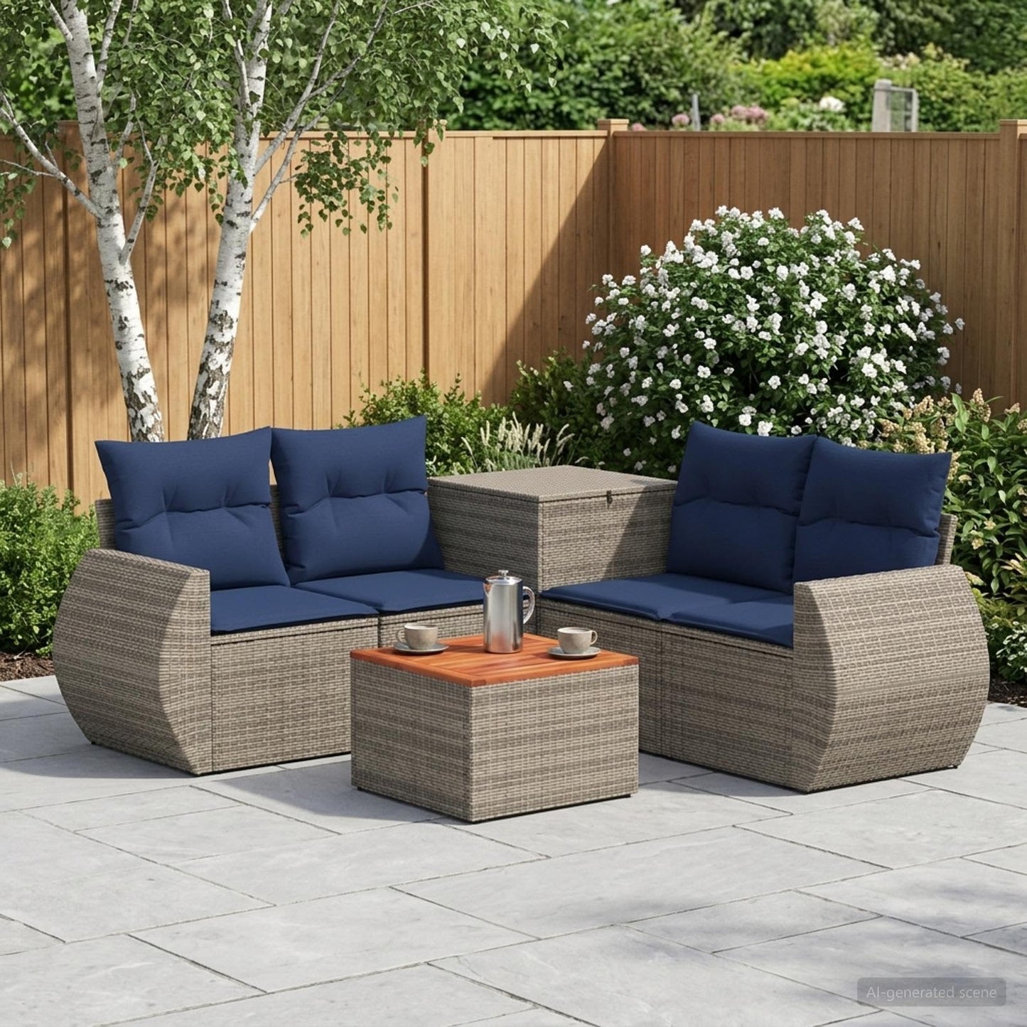 Sofa Set 6 stk. Grau und Marineblau Polyrattan und Stahl