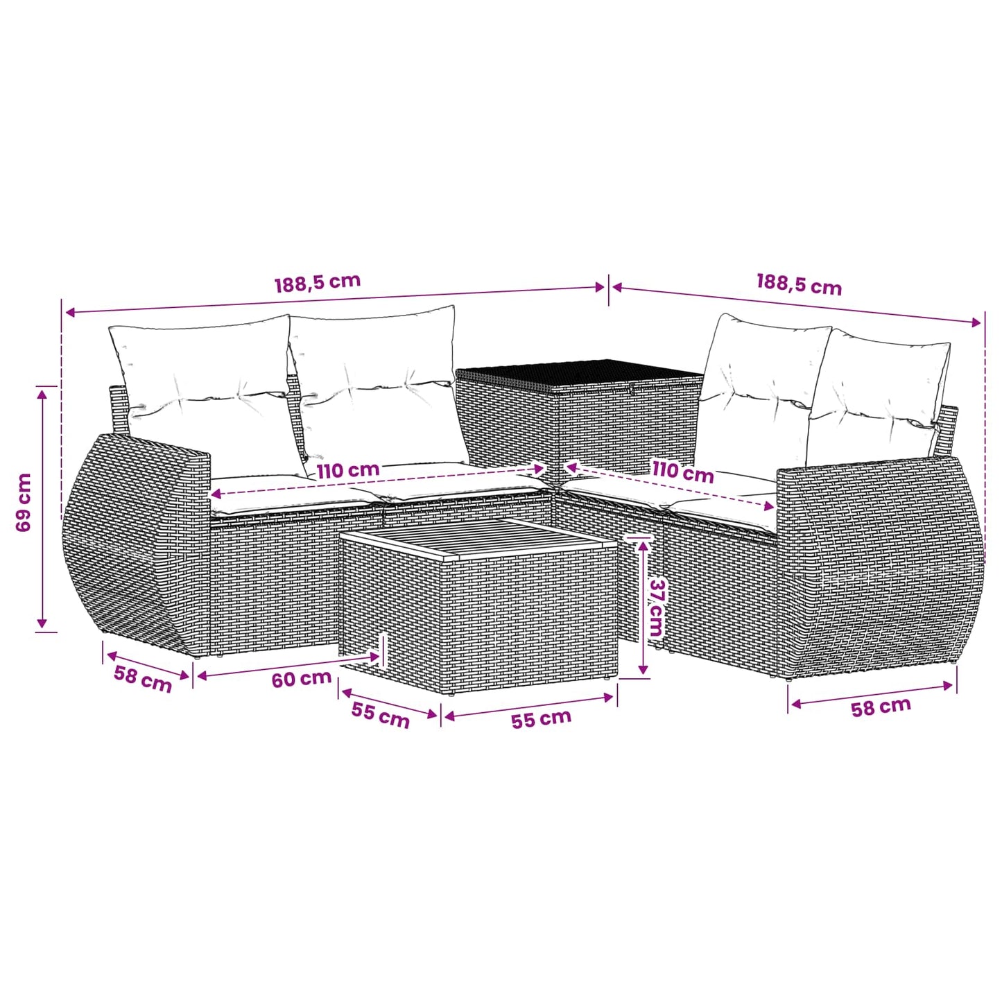 Sofa Set 6 stk. Grau und Marineblau Polyrattan und Stahl