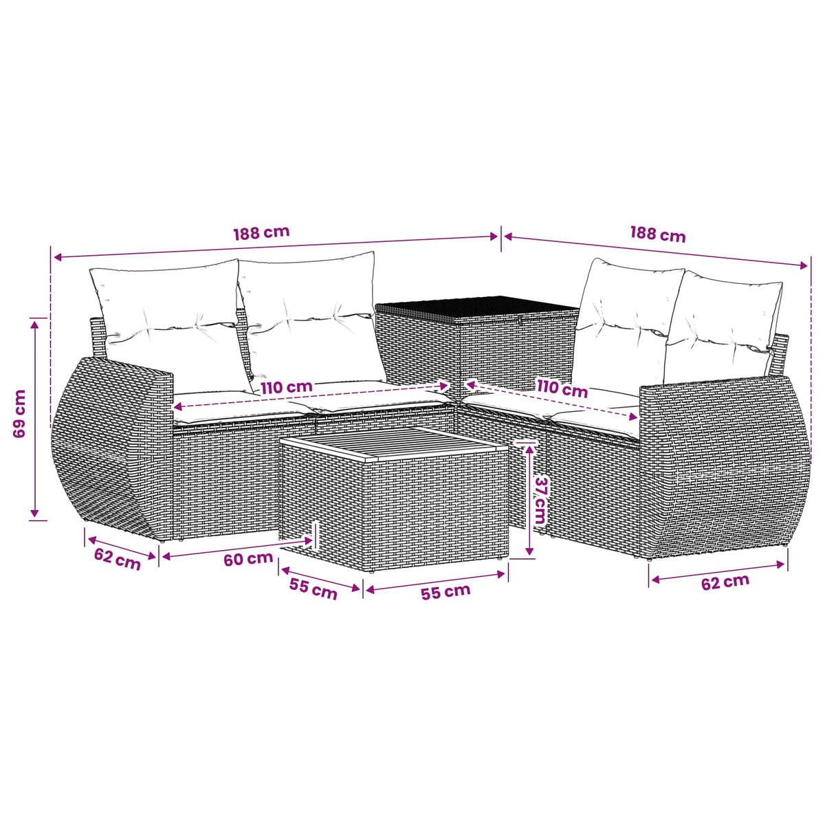 Sofa Set 6 stk. Grau und Marineblau 55 x 55 x 37 cm
