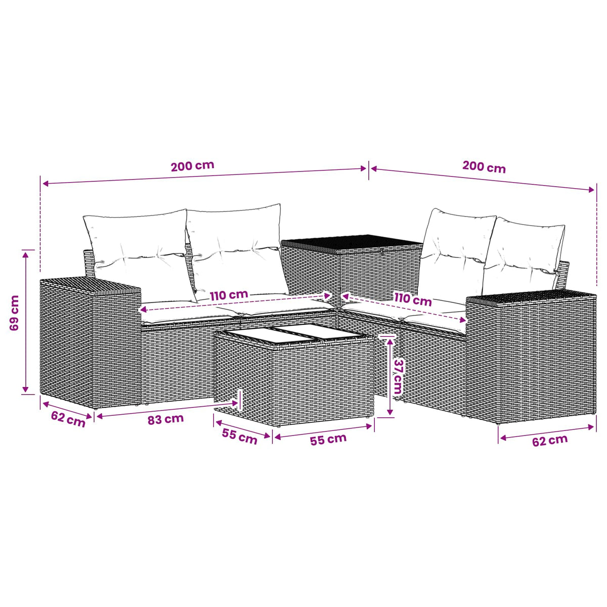 Sofa Set 6 stk. Schwarz 55 x 55 x 37 cm Polyrattan und Stahl