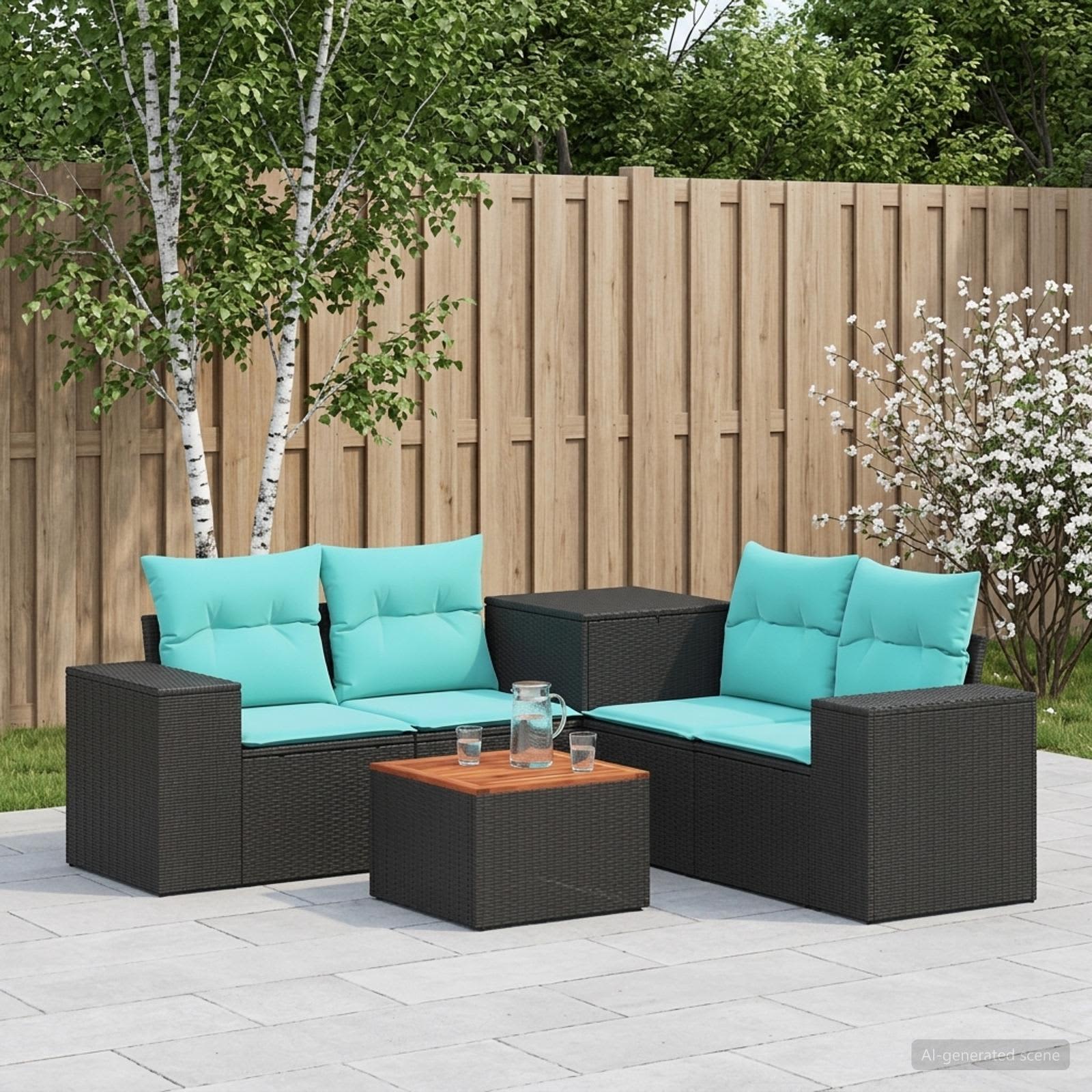 Sofa Set 6 stk. Schwarz und Blau Polyrattan und Stahl