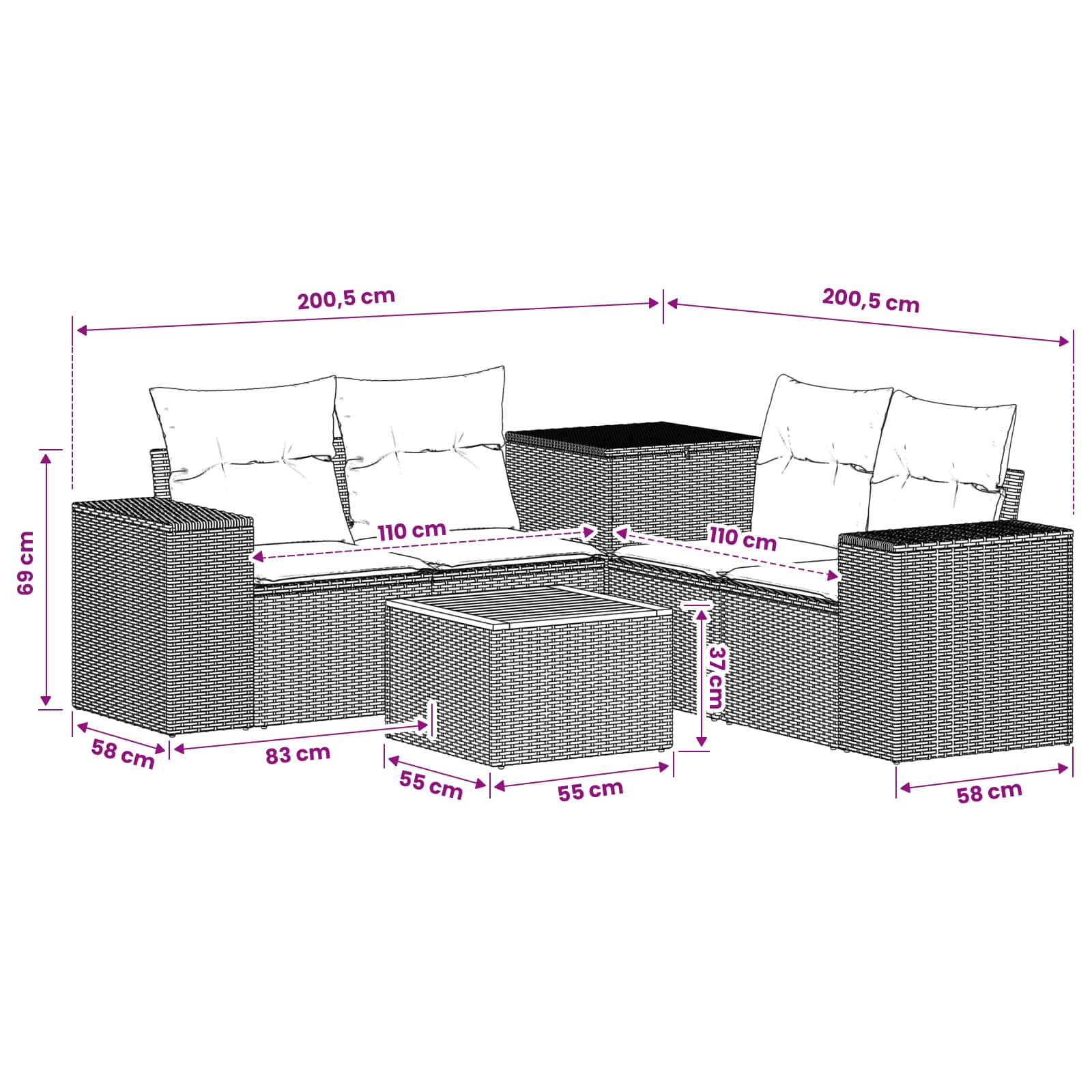 Sofa Set 6 stk. Schwarz und Blau Polyrattan und Stahl