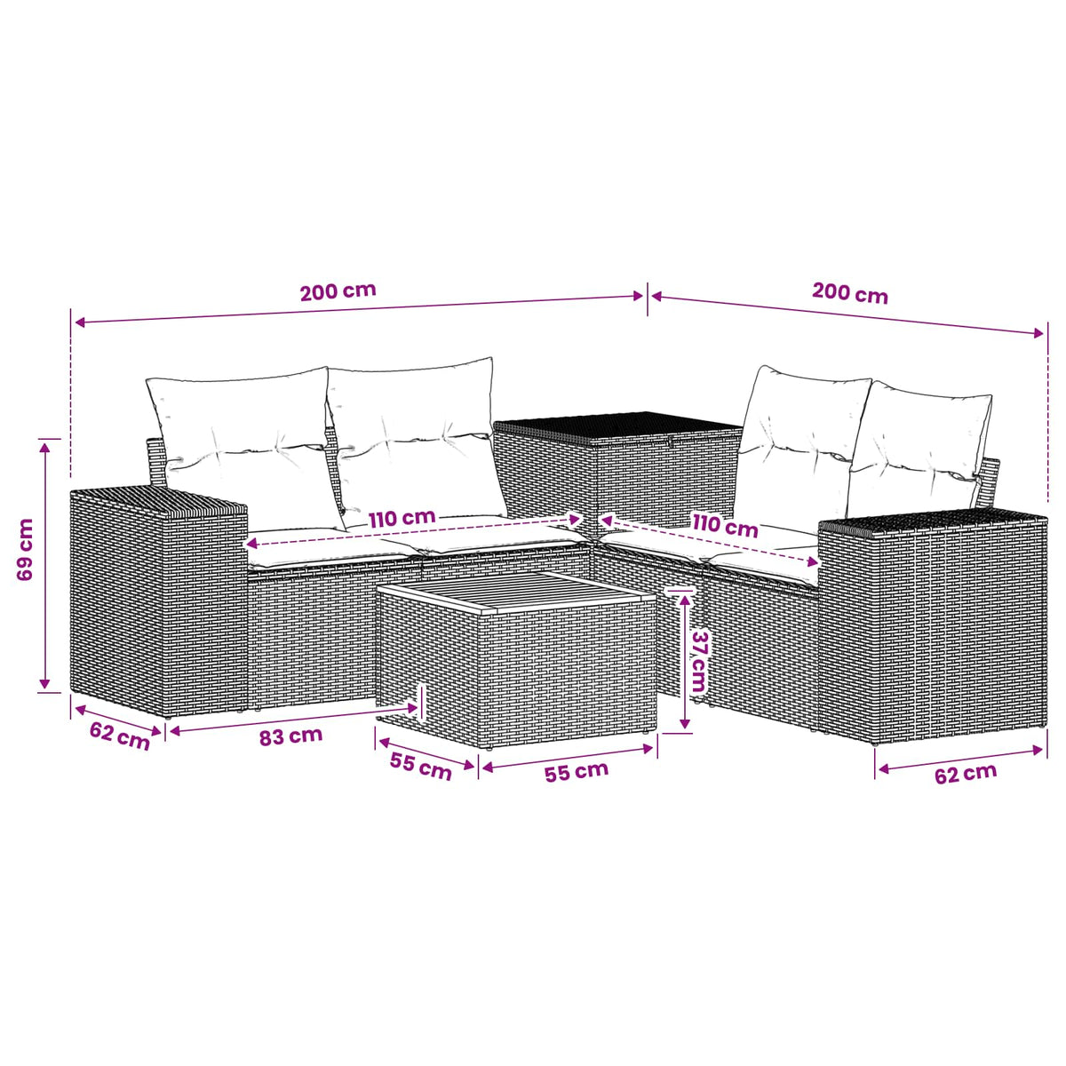 Sofa Set 6 stk. Schwarz 55 x 55 x 37 cm Polyrattan und Stahl