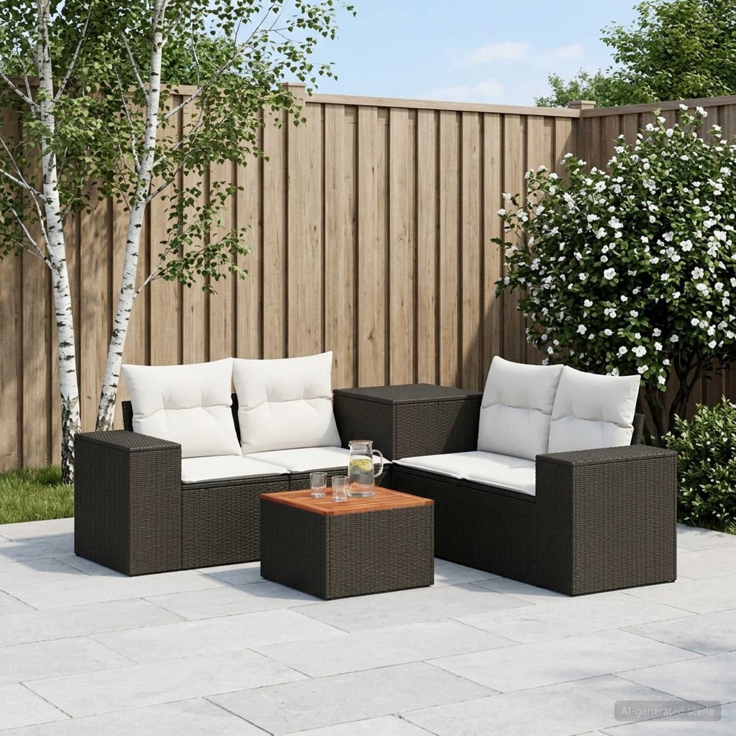 Sofa Set 6 stk. Schwarz und Cremeweiß Polyrattan und Stahl