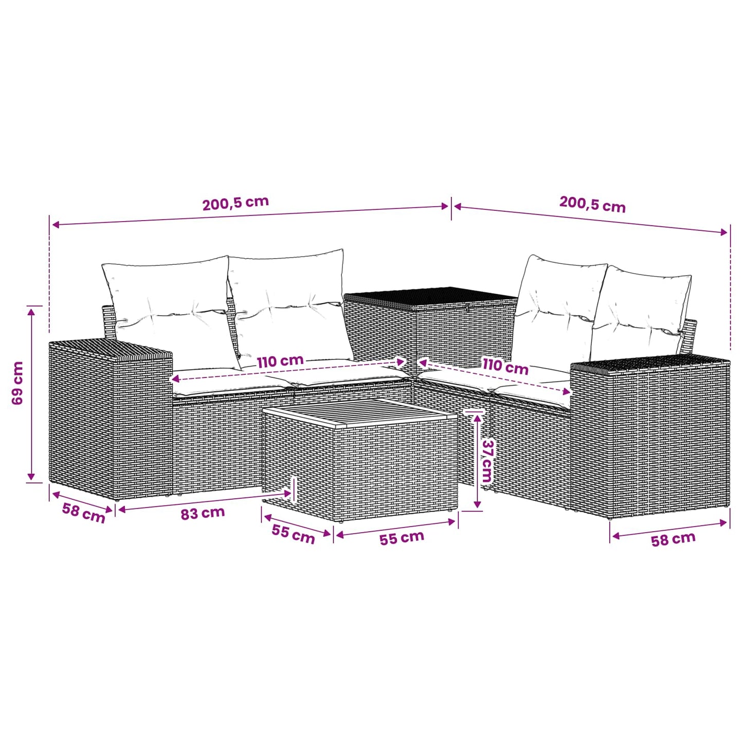 Sofa Set 6 stk. Schwarz und Cremeweiß Polyrattan und Stahl