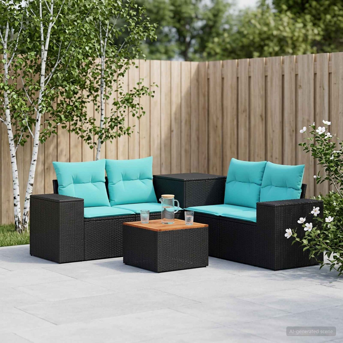 Sofa Set 6 stk. Schwarz und Blau Polyrattan und Stahl