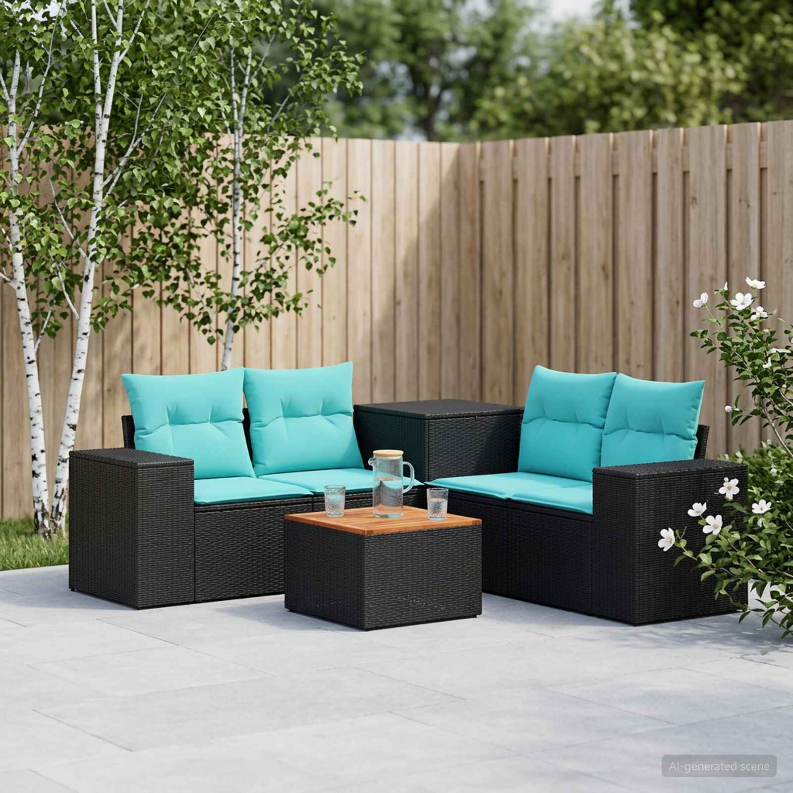 Sofa Set 6 stk. Schwarz und Blau Polyrattan und Stahl