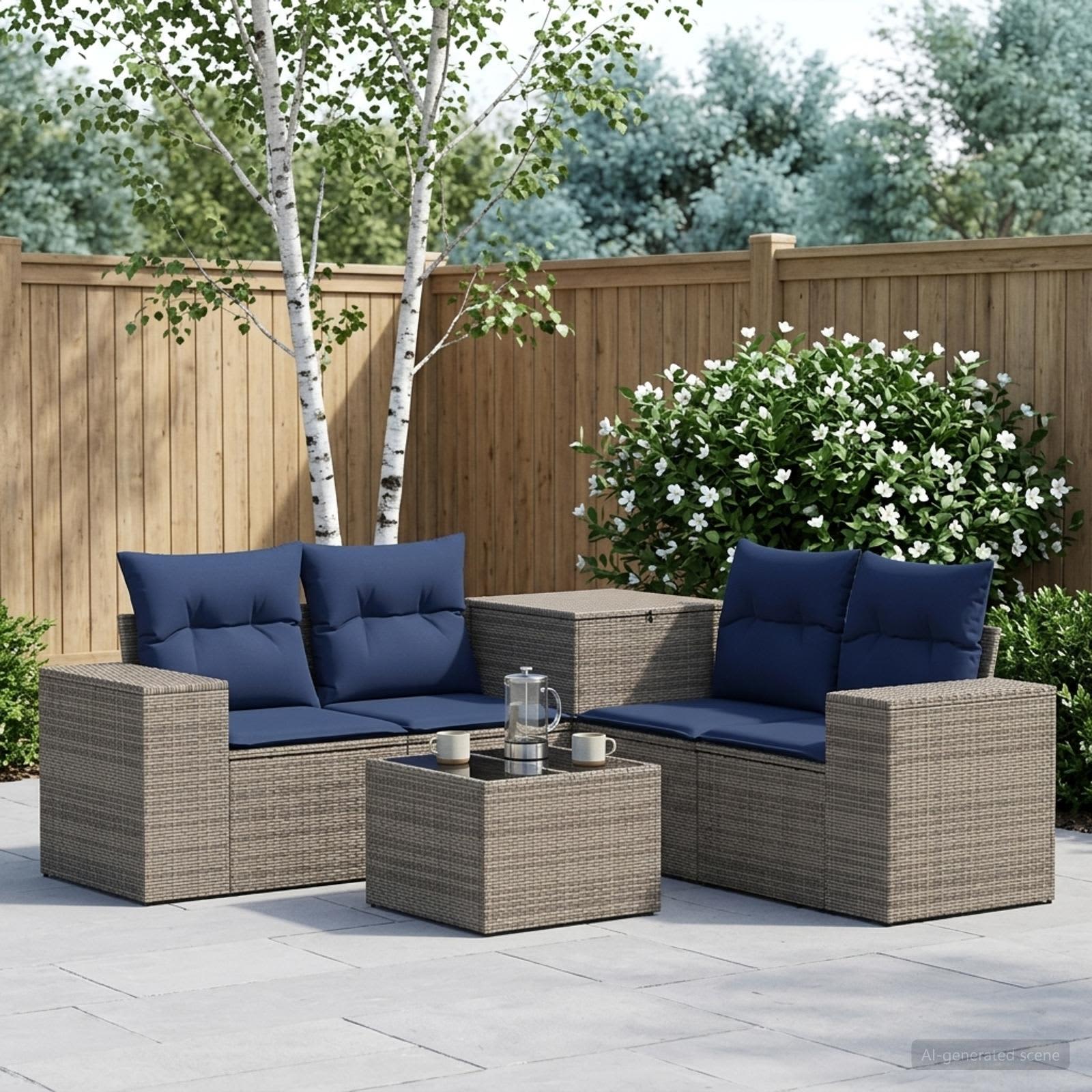 Sofa Set 6 stk. Grau und Marineblau Polyrattan und Stahl