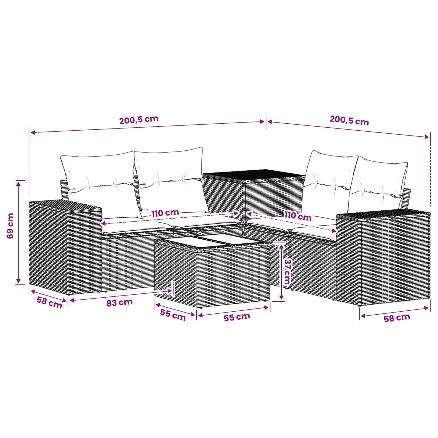 Sofa Set 6 stk. Grau und Marineblau Polyrattan und Stahl