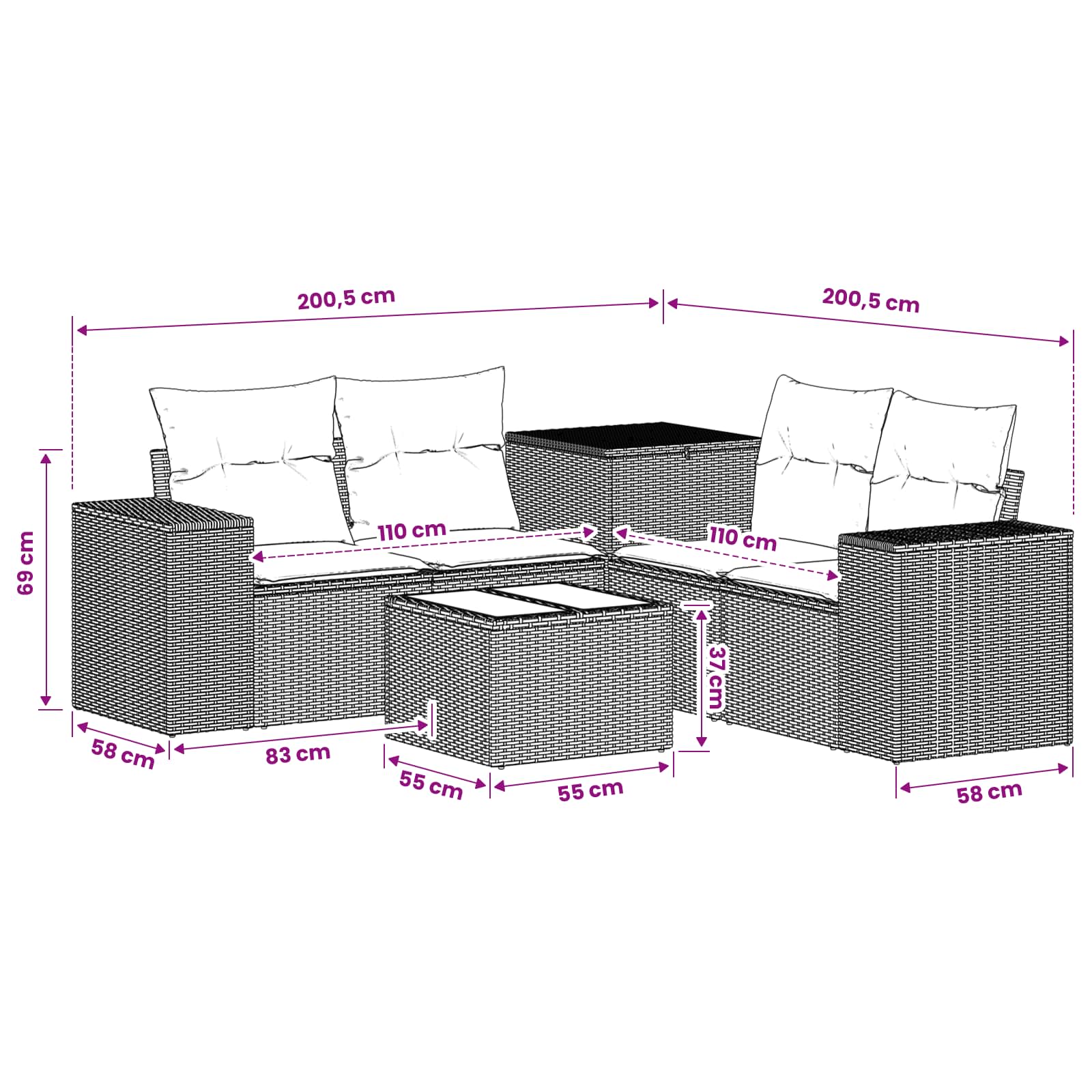 Sofa Set 6 stk. Grau und Marineblau Polyrattan und Stahl