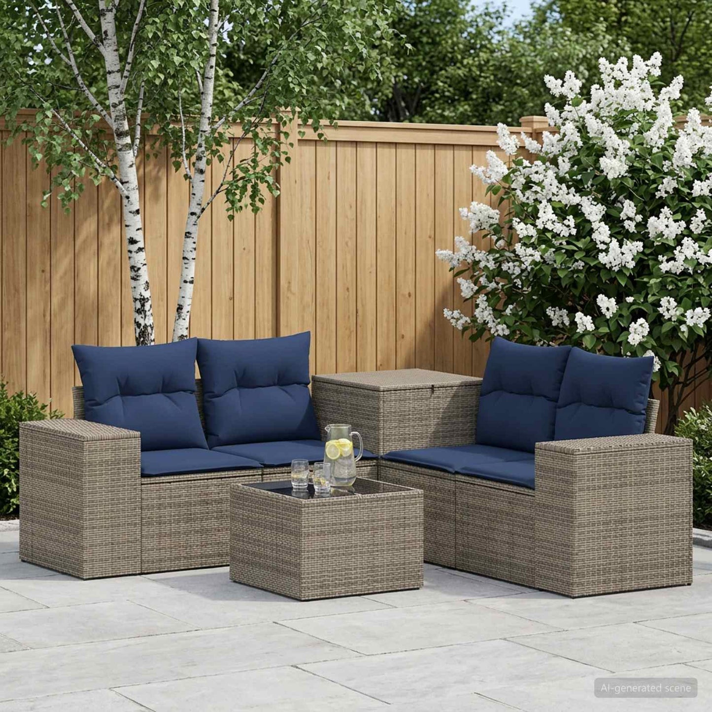 Sofa Set 6 stk. Grau und Marineblau Polyrattan und Stahl