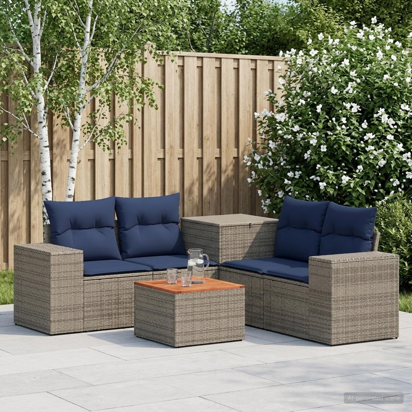 Sofa Set 6 stk. Grau und Marineblau Polyrattan und Stahl