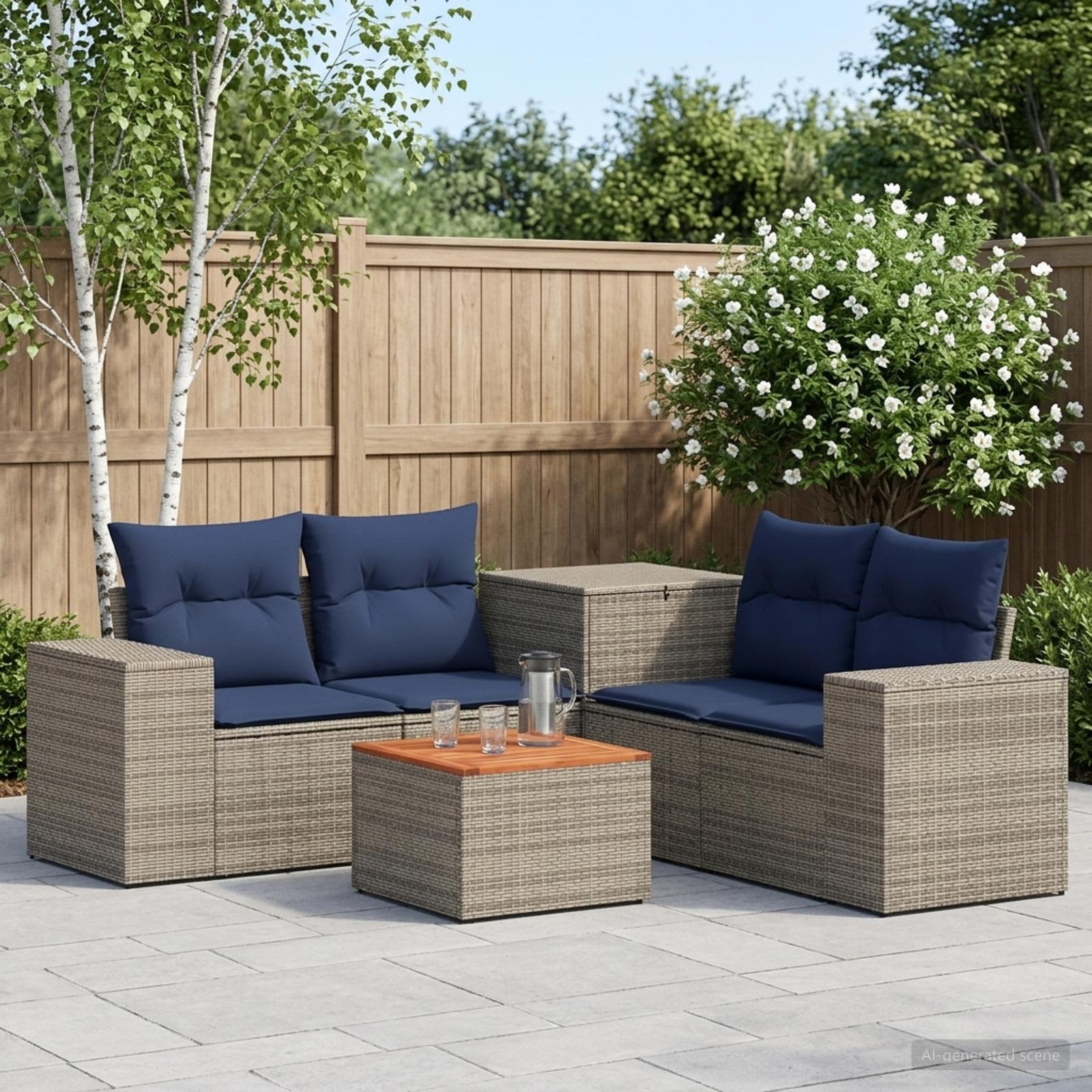 Sofa Set 6 stk. Grau und Marineblau Polyrattan und Stahl