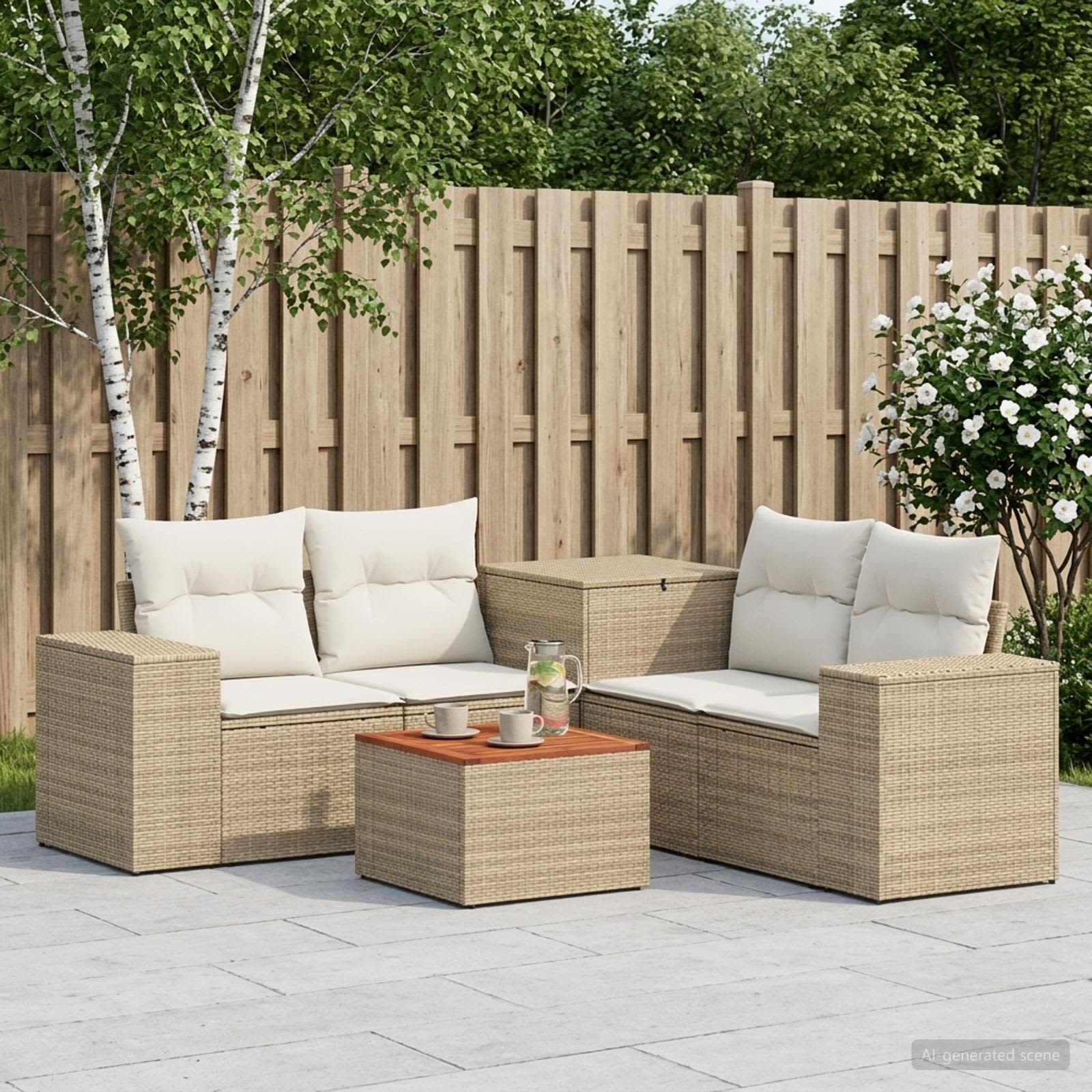 Sofa Set 6 stk. Beige und Cremeweiß Polyrattan und Stahl