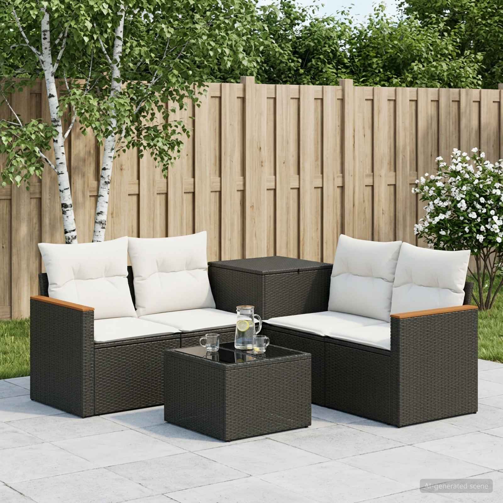 Sofa Set 6 stk. Schwarz und Cremeweiß Polyrattan und Stahl