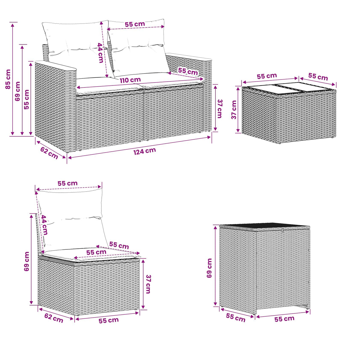 Sofa Set 6 stk. Schwarz und Cremeweiß 55 x 55 x 37 cm