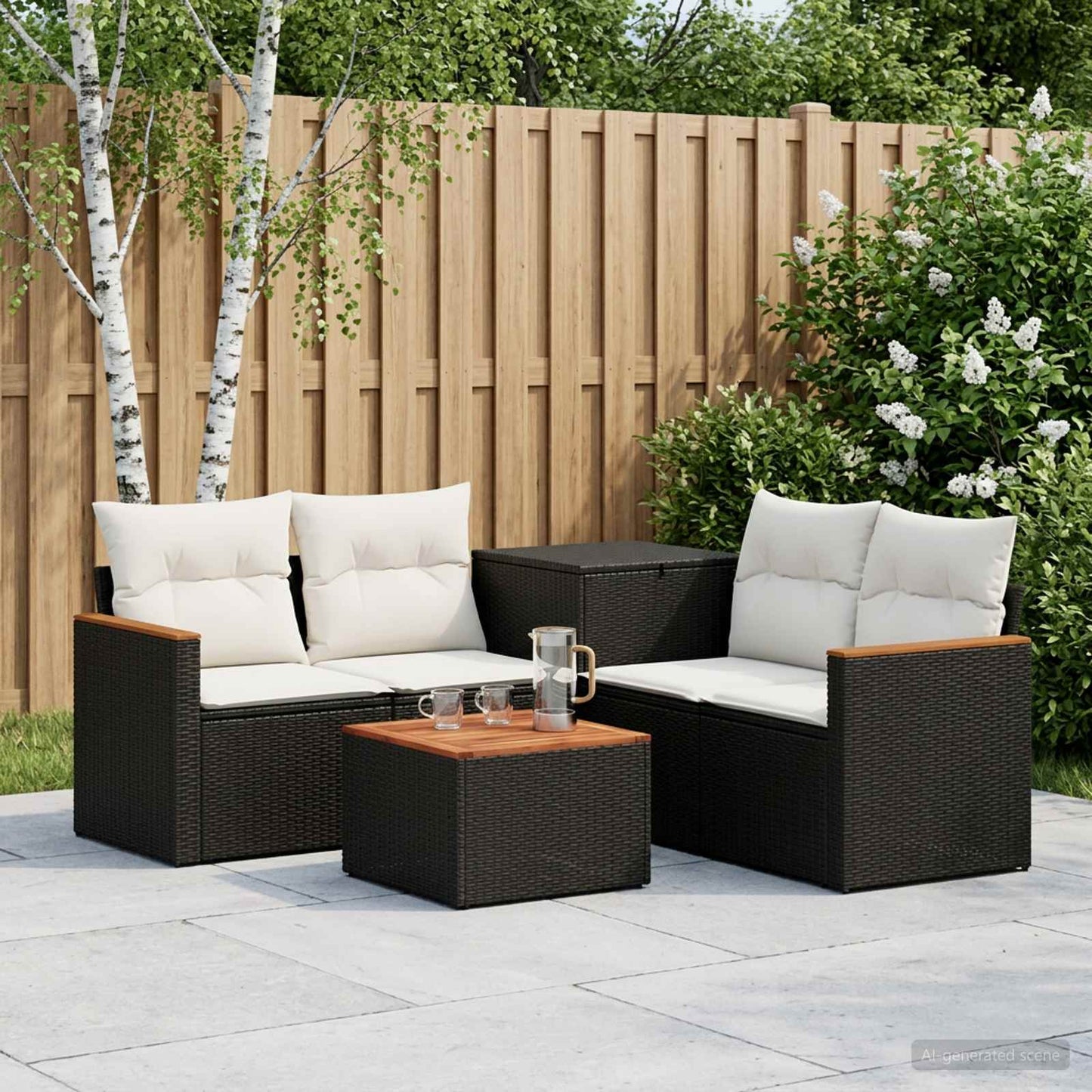 Sofa Set 6 stk. Schwarz und Cremeweiß Polyrattan und Stahl