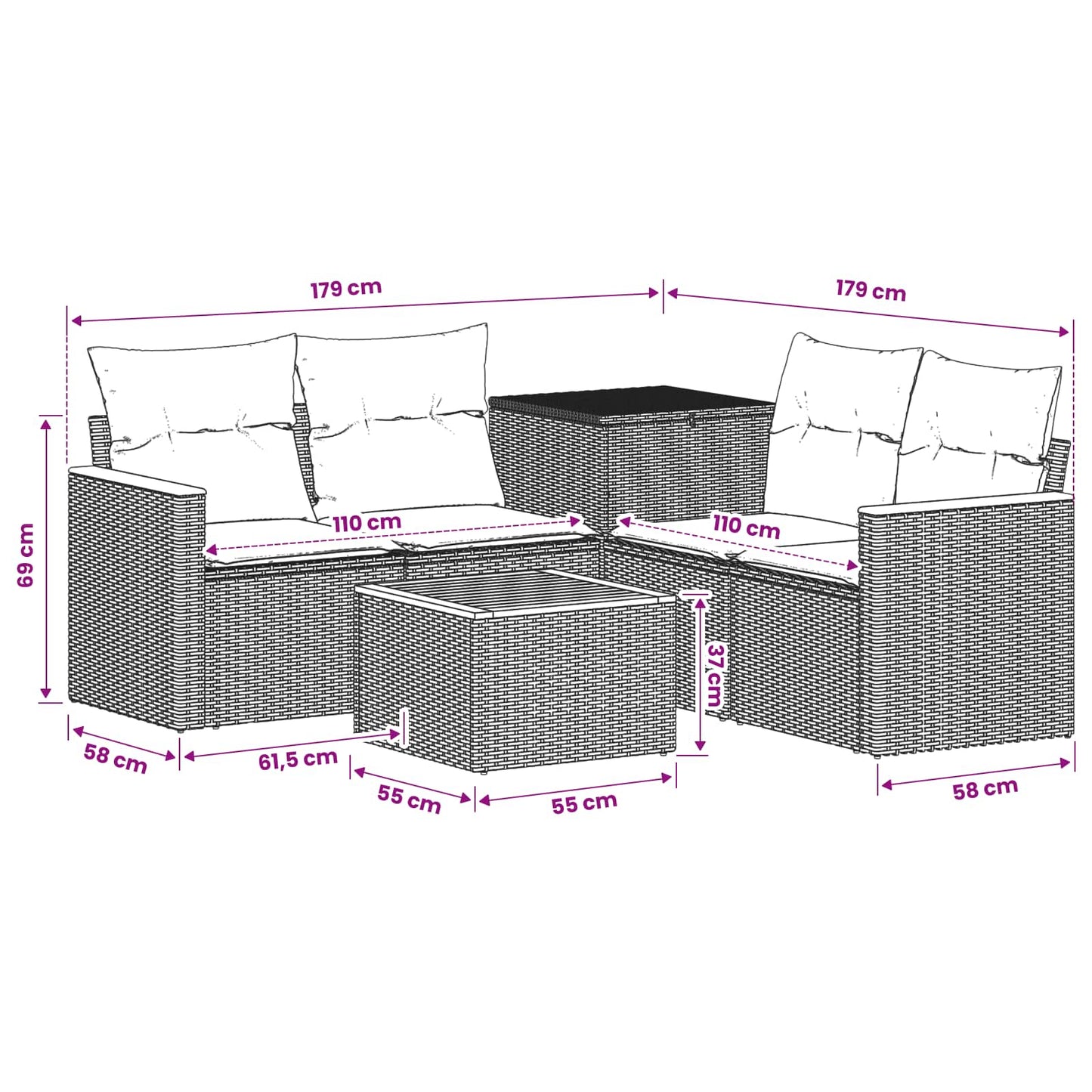 Sofa Set 6 stk. Schwarz und Cremeweiß Polyrattan und Stahl